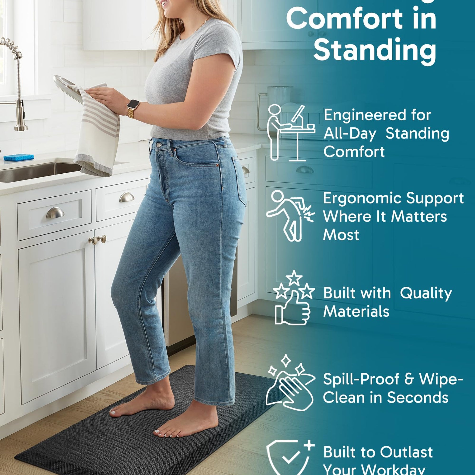 Ophanie 20x39 Kitchen Mat 3/4 Inch Thick Anti Fatigue Cushioned Floor Rug Waterproof Non Slip Standing Mat Black-zoom-7