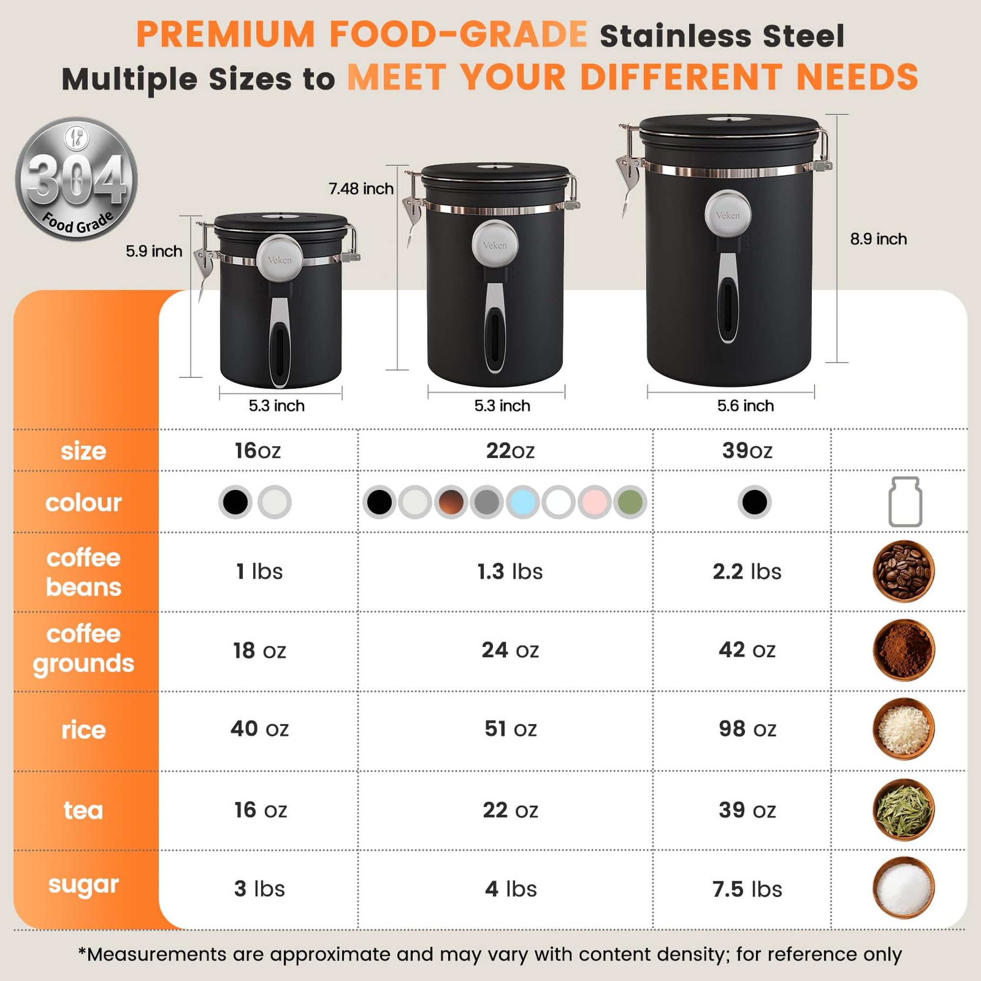Veken Coffee Canister, Airtight Stainless Steel Kitchen Food Storage Container with Date Tracker and Scoop for Beans, Grounds, Tea, Flour, Cereal, Sugar-zoom-28