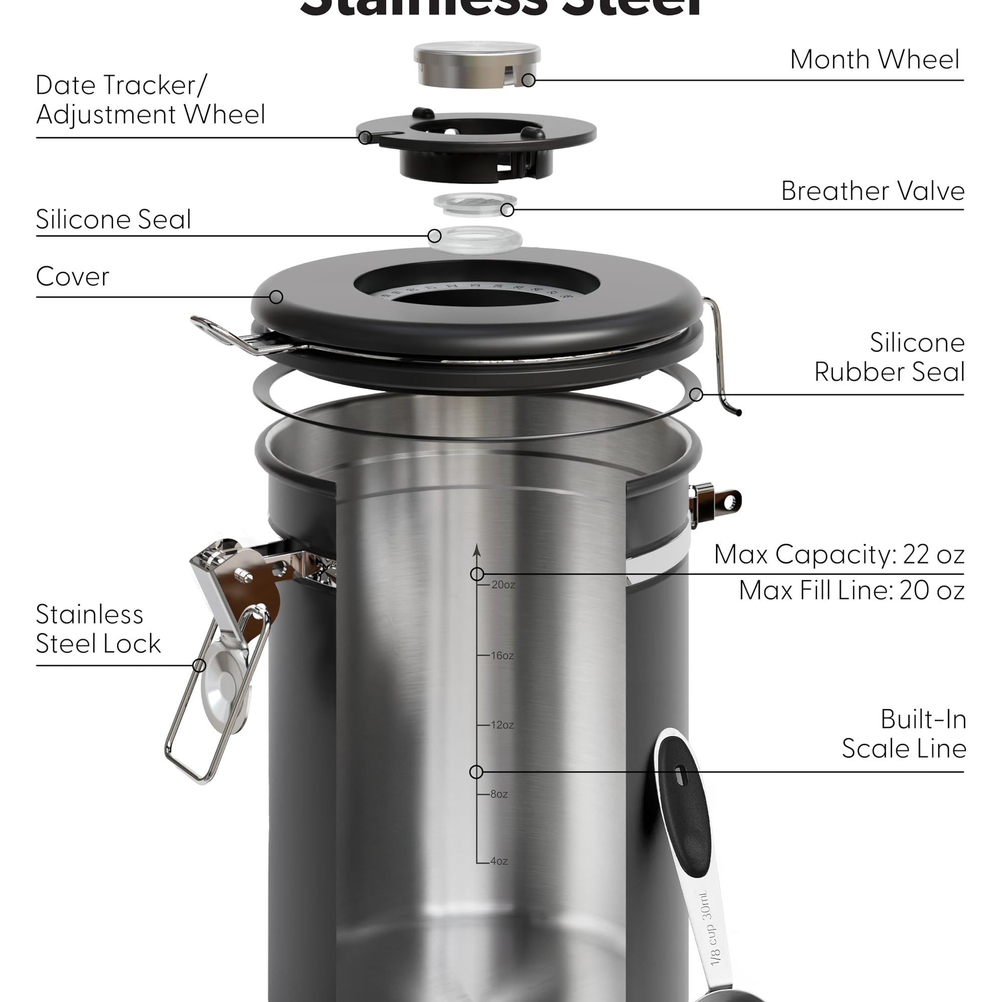 Veken Coffee Canister, Airtight Stainless Steel Kitchen Food Storage Container with Date Tracker and Scoop for Beans, Grounds, Tea, Flour, Cereal, Sugar-zoom-33
