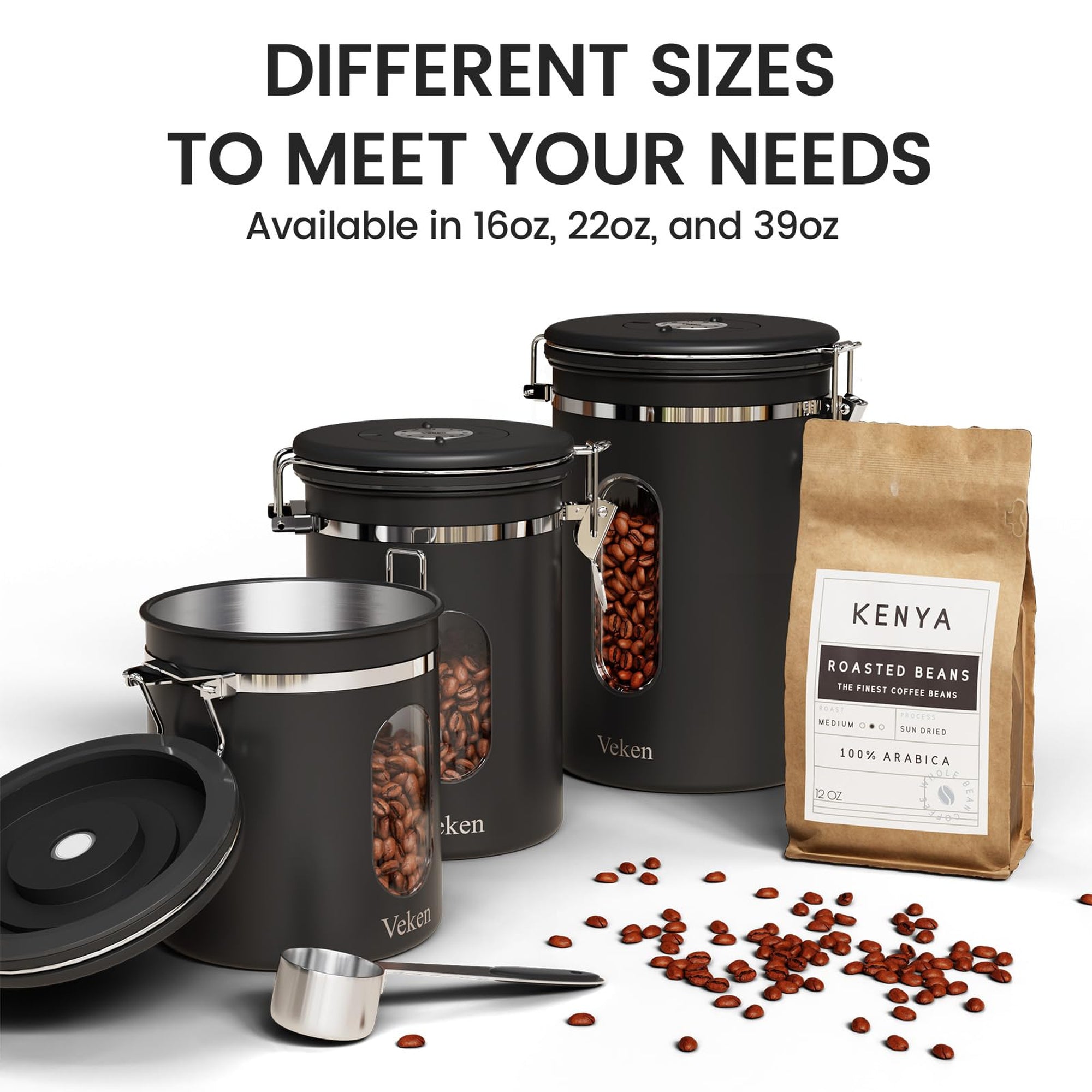 Veken Coffee Canister, Airtight Stainless Steel Kitchen Food Storage Container with Date Tracker and Scoop for Beans, Grounds, Tea, Flour, Cereal, Sugar-zoom-15
