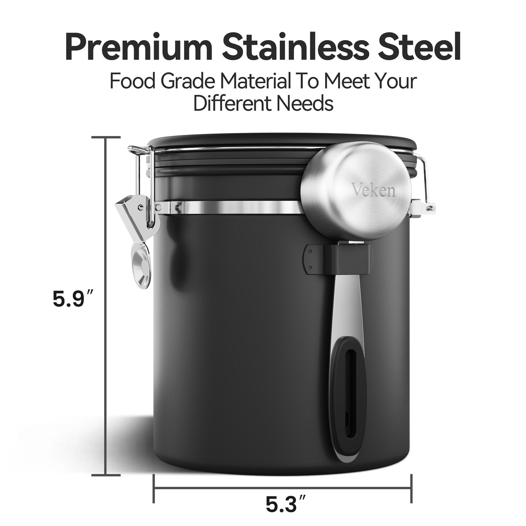 Veken Coffee Canister, Airtight Stainless Steel Kitchen Food Storage Container with Date Tracker and Scoop for Beans, Grounds, Tea, Flour, Cereal, Sugar-zoom-14