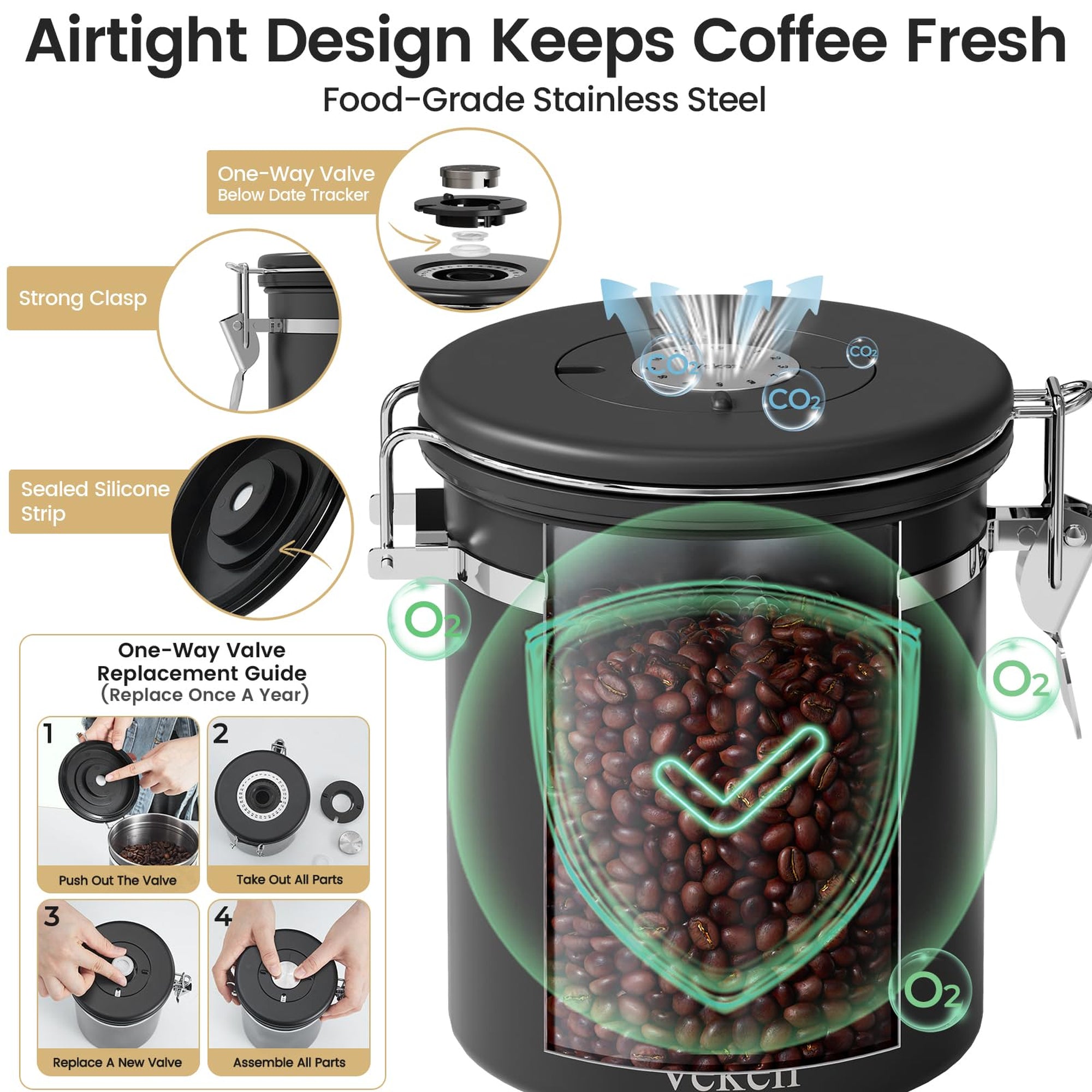 Veken Coffee Canister, Airtight Stainless Steel Kitchen Food Storage Container with Date Tracker and Scoop for Beans, Grounds, Tea, Flour, Cereal, Sugar-zoom-24