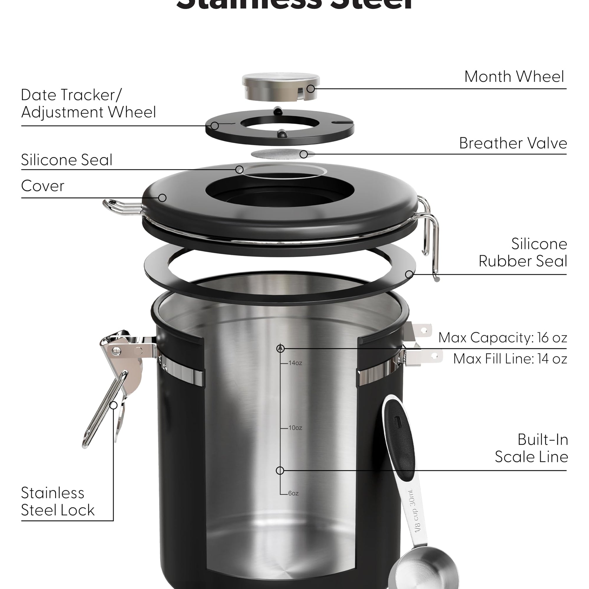 Veken Coffee Canister, Airtight Stainless Steel Kitchen Food Storage Container with Date Tracker and Scoop for Beans, Grounds, Tea, Flour, Cereal, Sugar-zoom-18