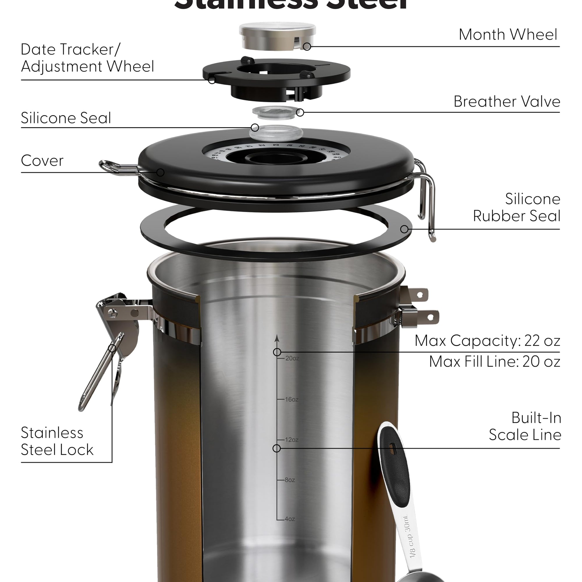 Veken Airtight Coffee Canister, Stainless Steel Storage Container with Date Tracker and Scoop for Coffee Beans Grounds Tea Sugar-zoom-90