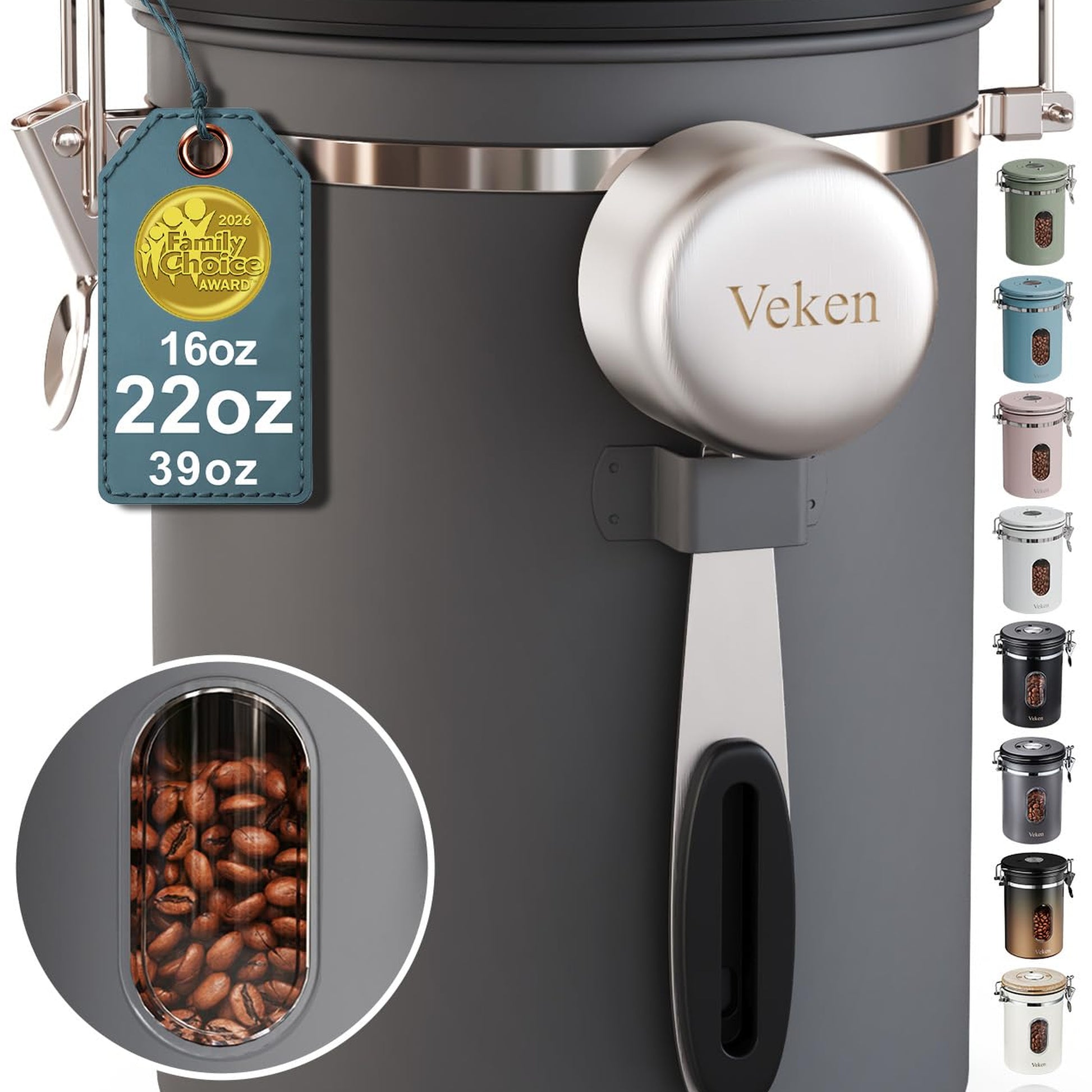 Veken Coffee Canister, Airtight Stainless Steel Kitchen Food Storage Container with Date Tracker and Scoop for Beans, Grounds, Tea, Flour, Cereal, Sugar-1