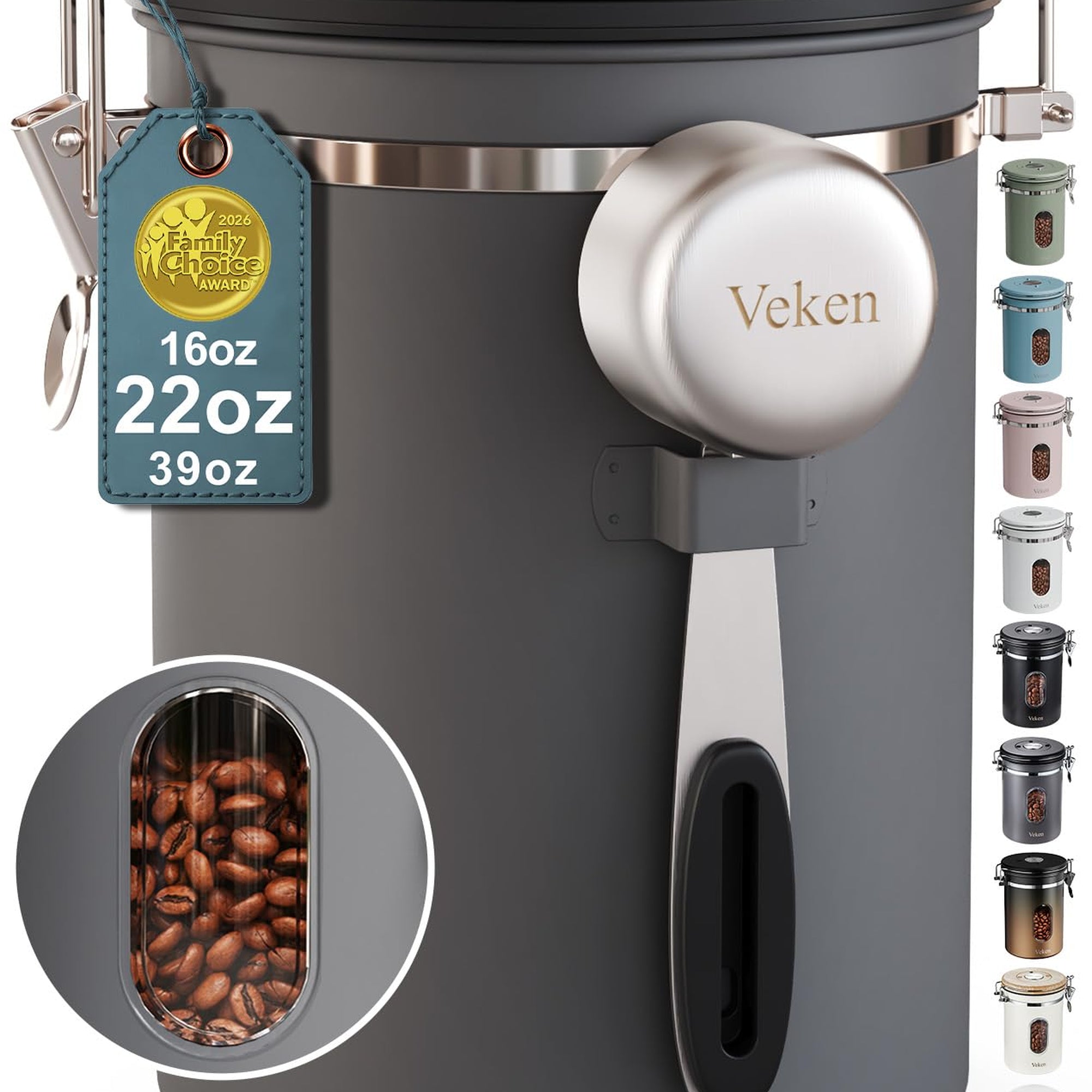 Veken Coffee Canister, Airtight Stainless Steel Kitchen Food Storage Container with Date Tracker and Scoop for Beans, Grounds, Tea, Flour, Cereal, Sugar-zoom-1