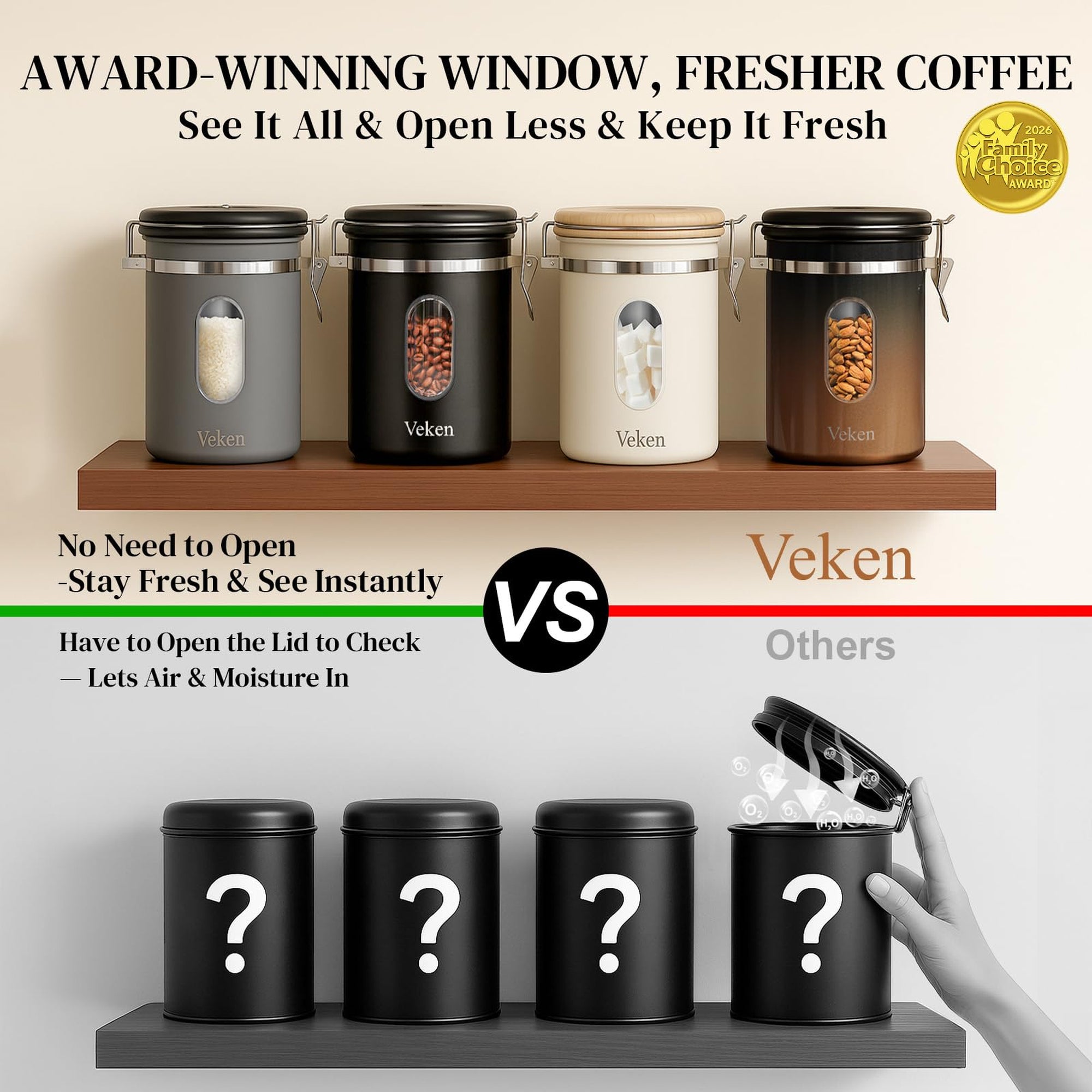 Veken Coffee Canister, Airtight Stainless Steel Kitchen Food Storage Container with Date Tracker and Scoop for Beans, Grounds, Tea, Flour, Cereal, Sugar-zoom-11