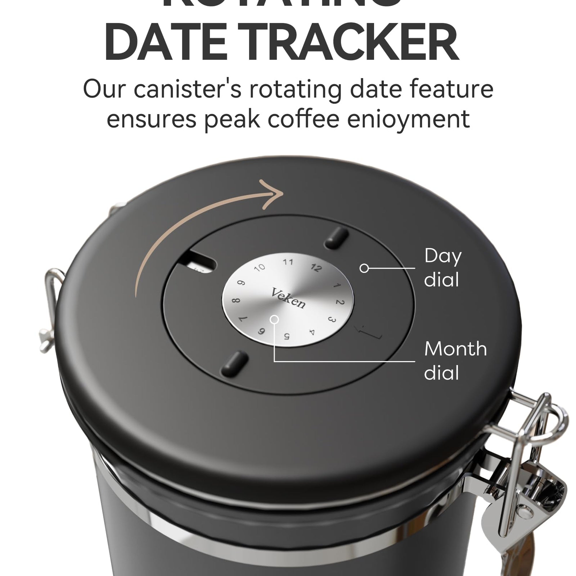 Veken Coffee Canister, Airtight Stainless Steel Kitchen Food Storage Container with Date Tracker and Scoop for Beans, Grounds, Tea, Flour, Cereal, Sugar-zoom-6