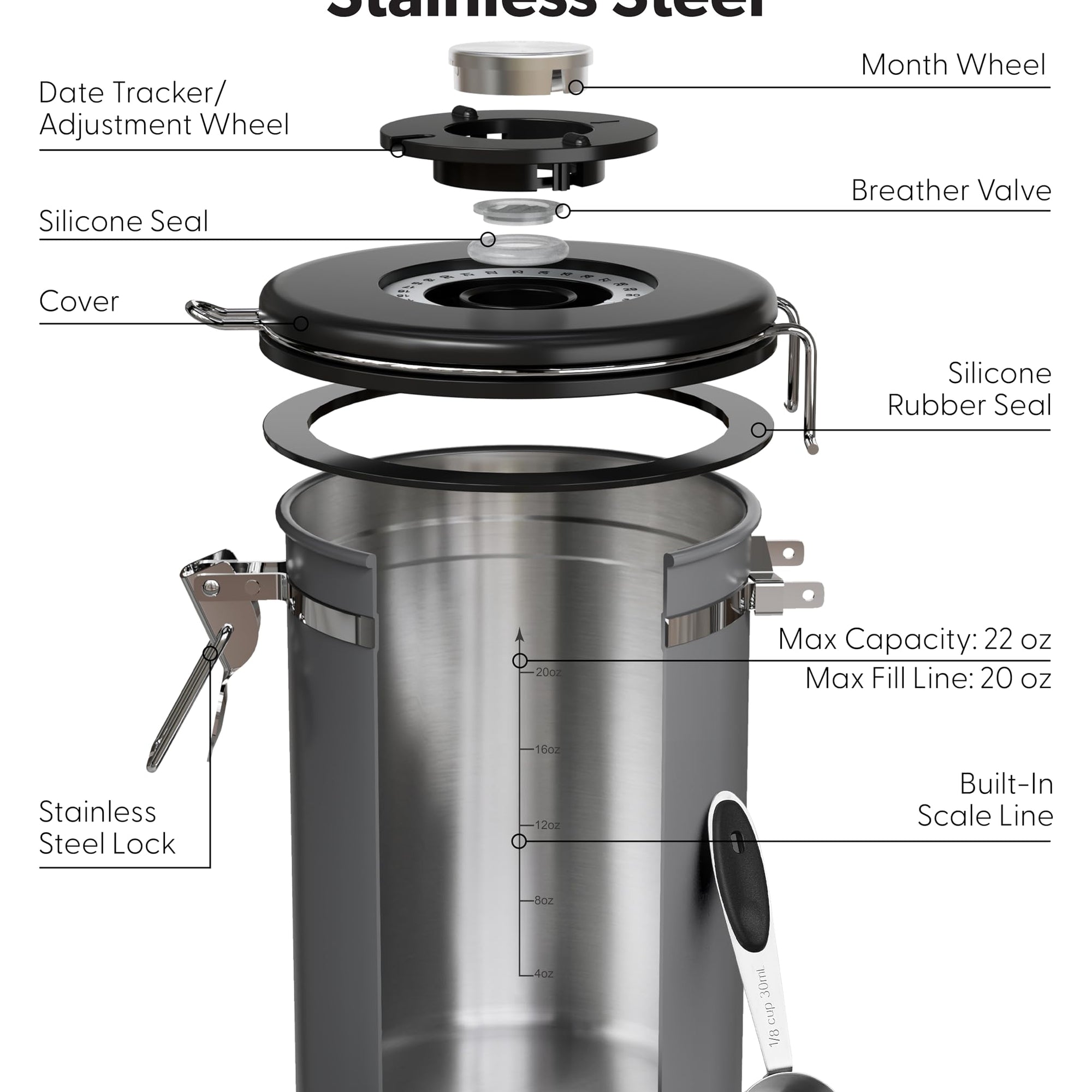 Veken Coffee Canister, Airtight Stainless Steel Kitchen Food Storage Container with Date Tracker and Scoop for Beans, Grounds, Tea, Flour, Cereal, Sugar-zoom-8