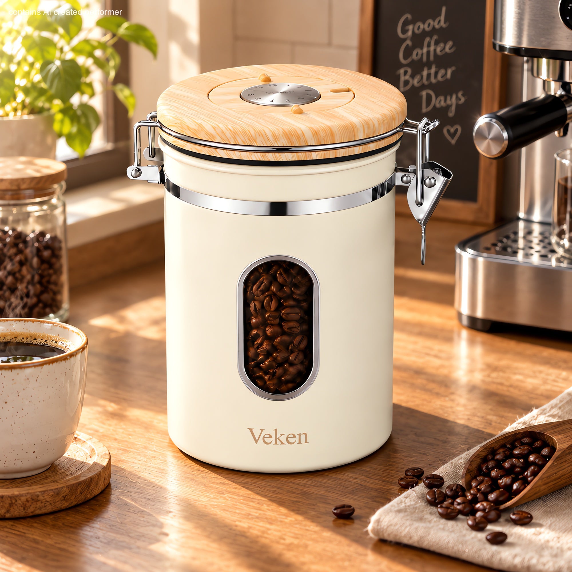 Veken Coffee Canister with Window, Airtight Stainless Steel Container