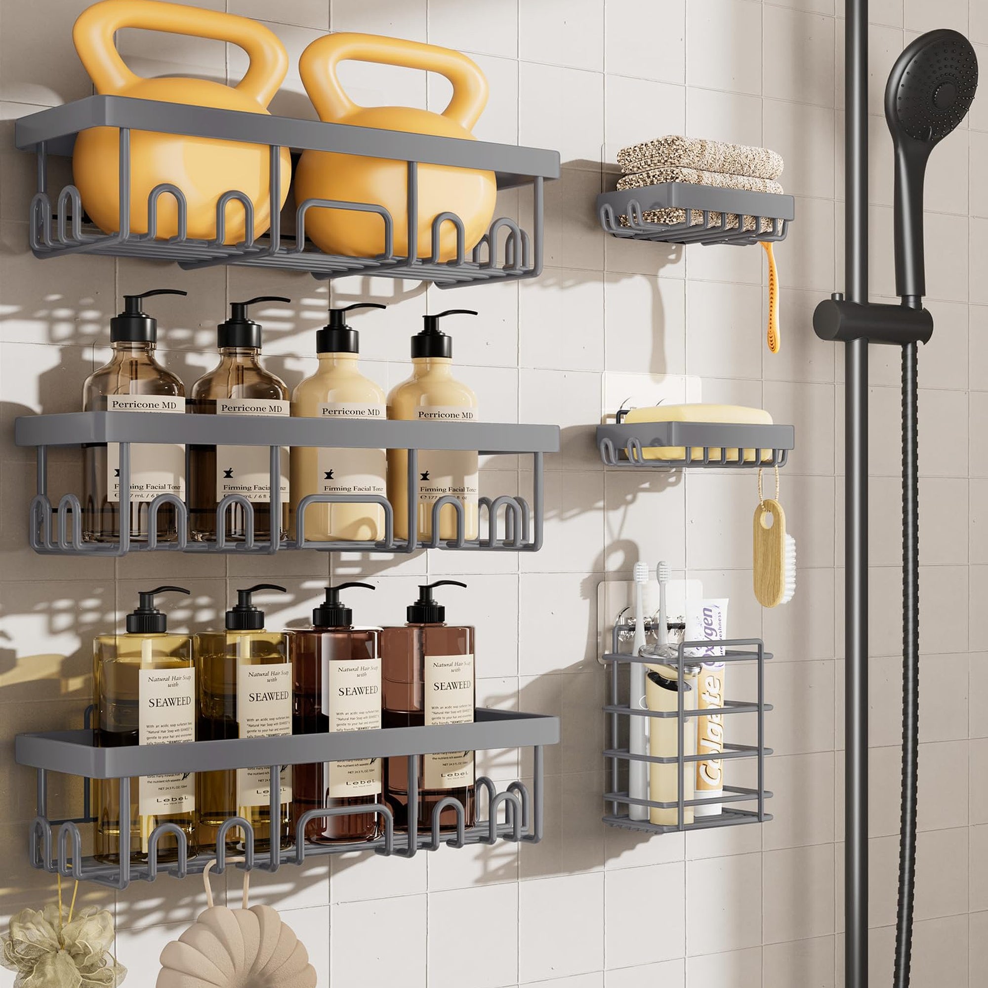 Veken Shower Caddy 6-Pack, No Drill Rustproof Waterproof Adhesive Shelves Rack, Large Capacity Bathroom Storage, Wall Mounted Kitchen & Home Decor