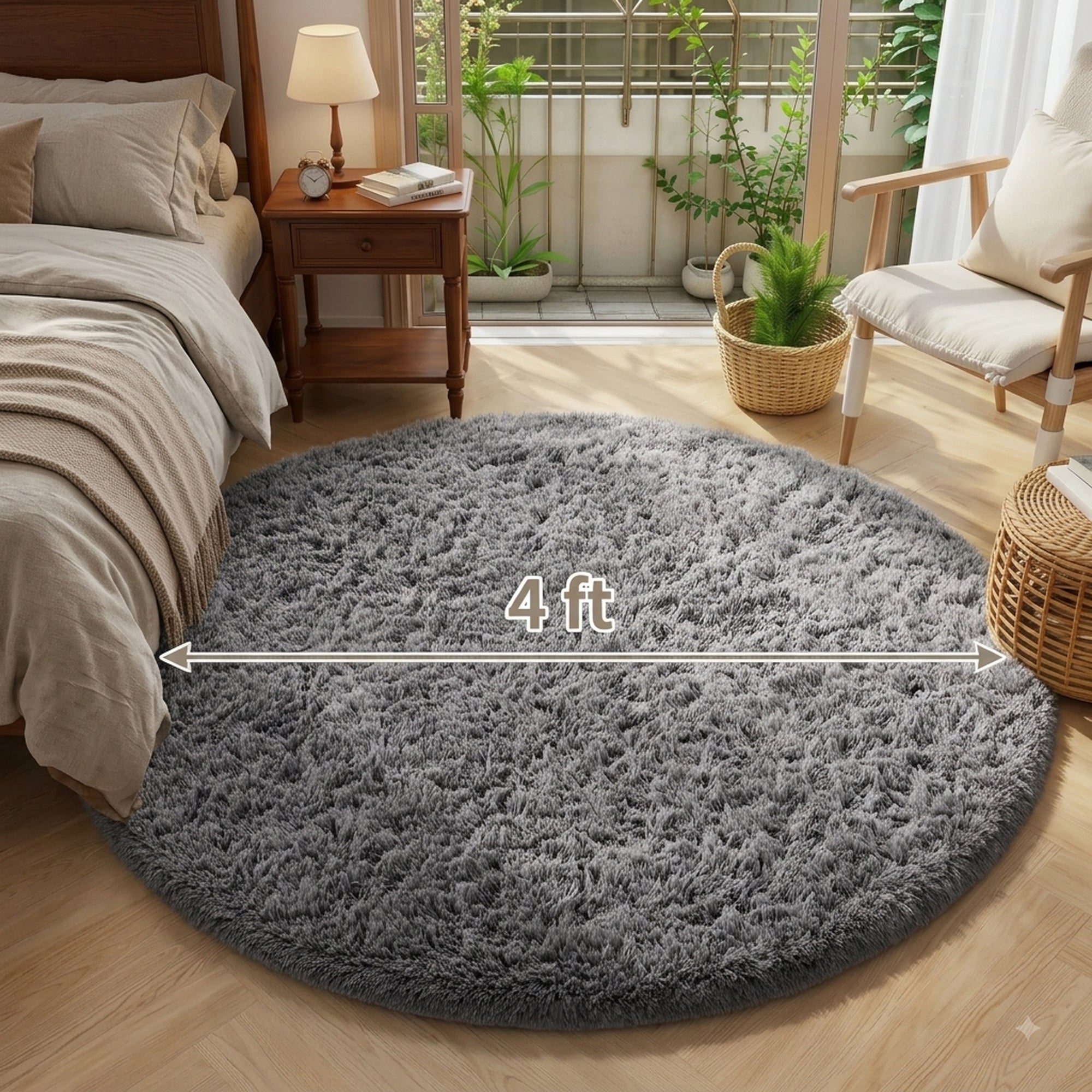 Ophanie 4ft Round Area Rug Plush Shag Circular Bedroom Nursery Rug Grey Soft Fluffy Carpet