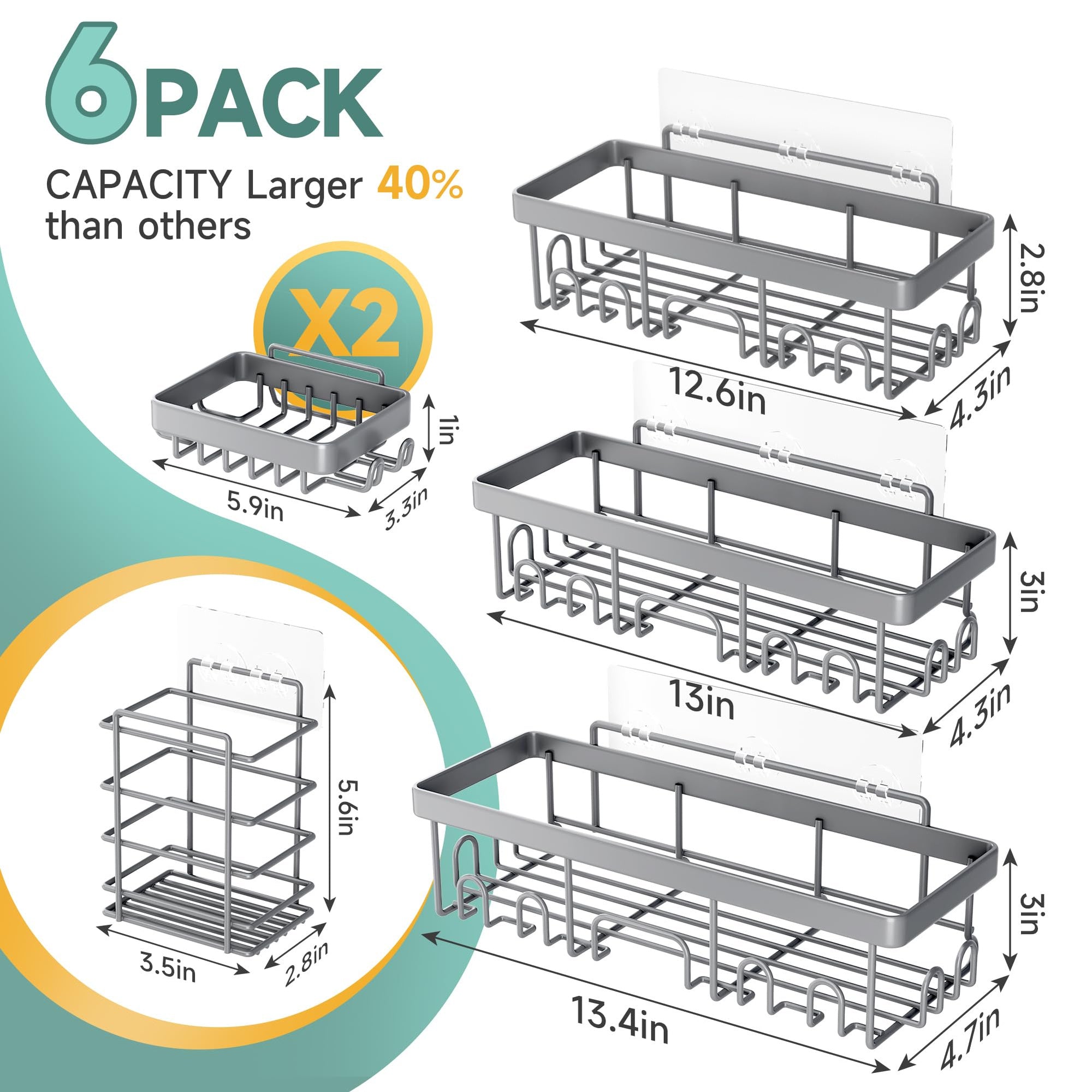 Veken Shower Caddy 6-Pack, No Drill Rustproof Waterproof Adhesive Shelves Rack, Large Capacity Bathroom Storage, Wall Mounted Kitchen & Home Decor