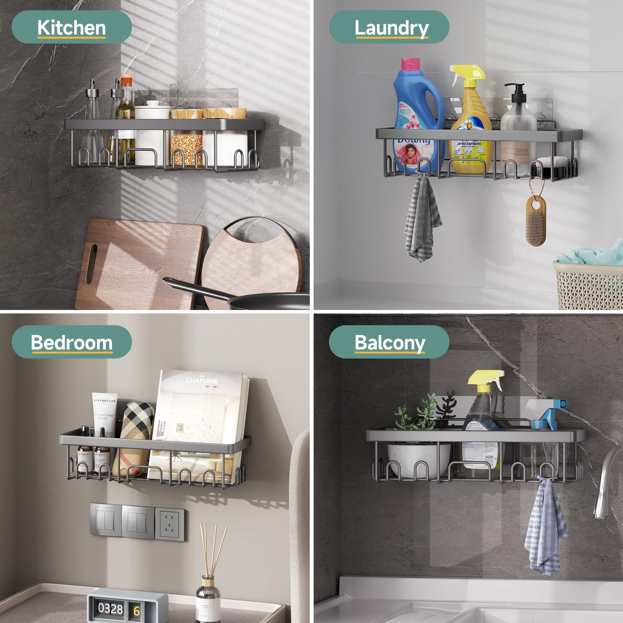Veken Shower Caddy 6-Pack, No Drill Rustproof Waterproof Adhesive Shelves Rack, Large Capacity Bathroom Storage, Wall Mounted Kitchen & Home Decor-zoom-8