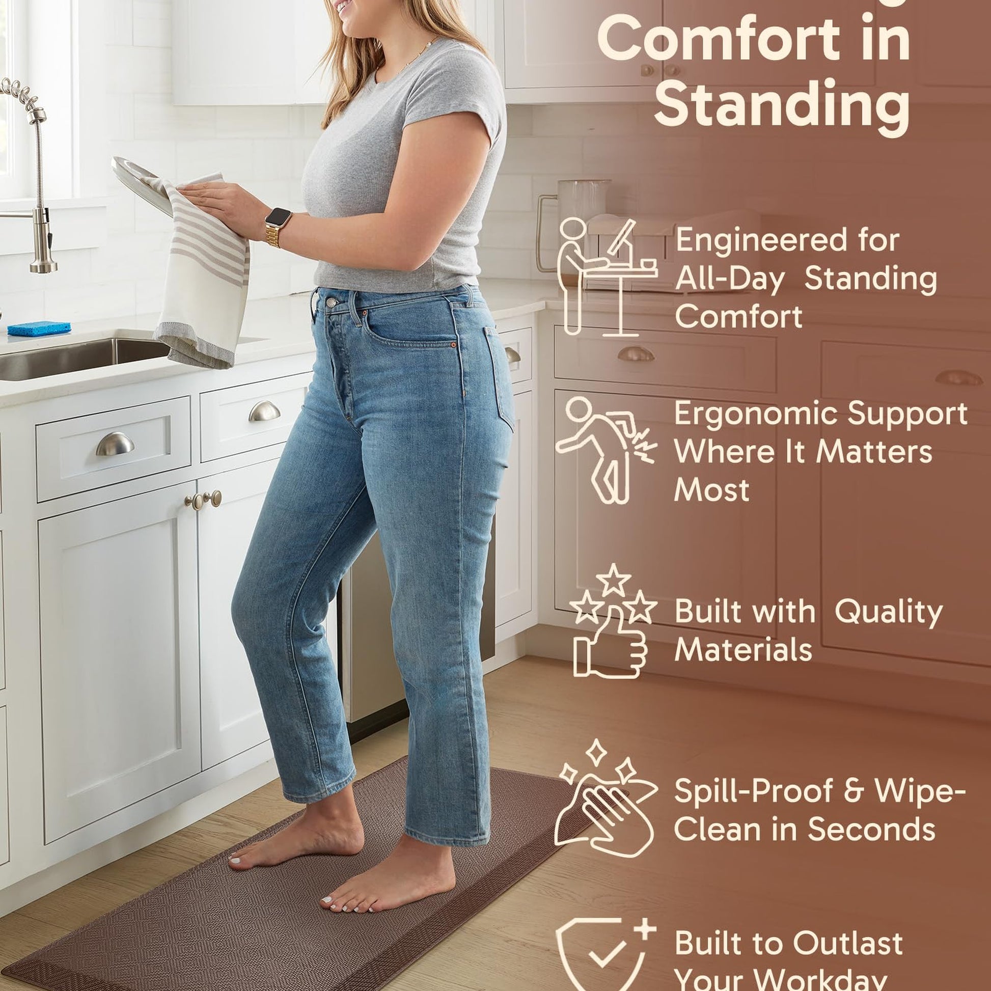 Ophanie 20" x 48" Anti Fatigue Kitchen Mat, 3/4" Thick, Waterproof Non-Slip, Brown-4