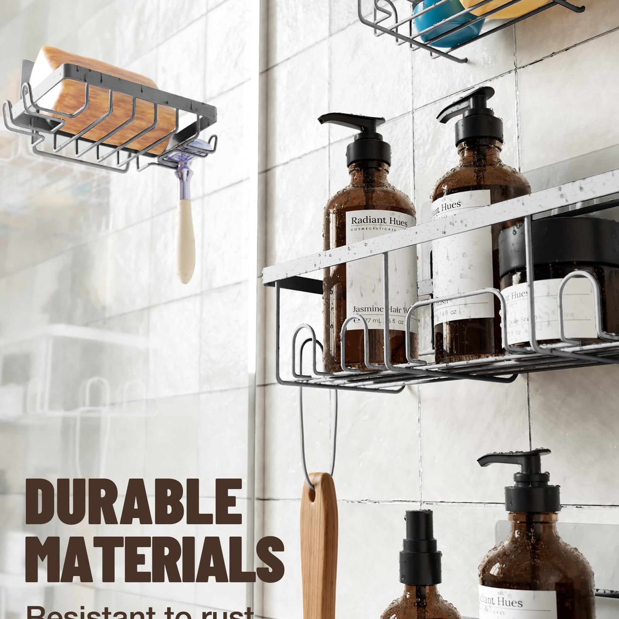eken 5-Pack Adhesive Heavy-Duty Wall-Mounted Shower Caddy with Soap Dish & Toothbrush Holder - Silver-zoom-4