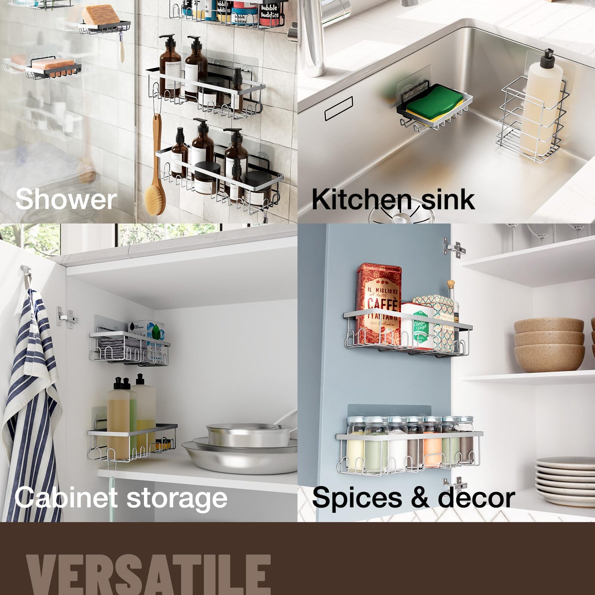 eken 5-Pack Adhesive Heavy-Duty Wall-Mounted Shower Caddy with Soap Dish & Toothbrush Holder - Silver