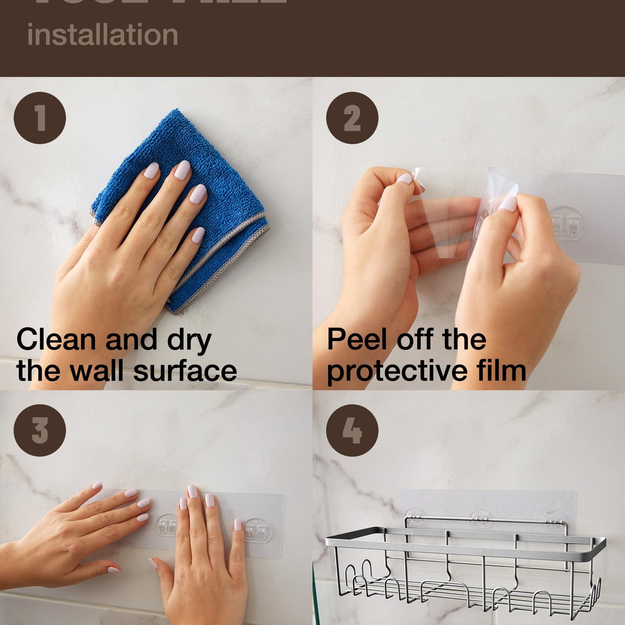 eken 5-Pack Adhesive Heavy-Duty Wall-Mounted Shower Caddy with Soap Dish & Toothbrush Holder - Silver-zoom-5