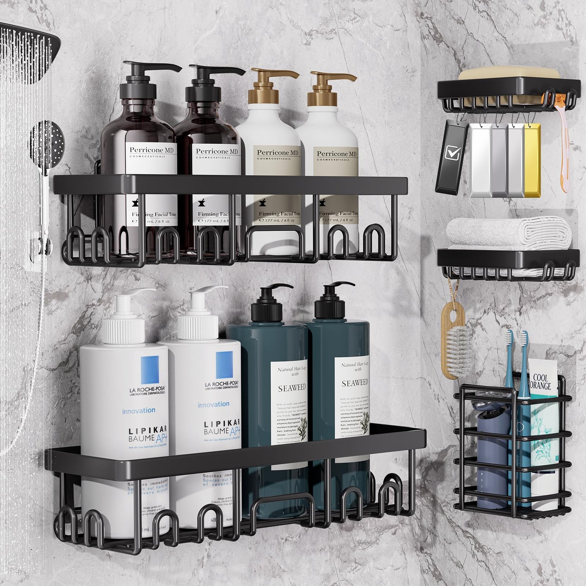 Veken Adhesive Shower Caddy Set, No-Drill Rust-Resistant Shower Shelves with Soap and Toothbrush Holders-10