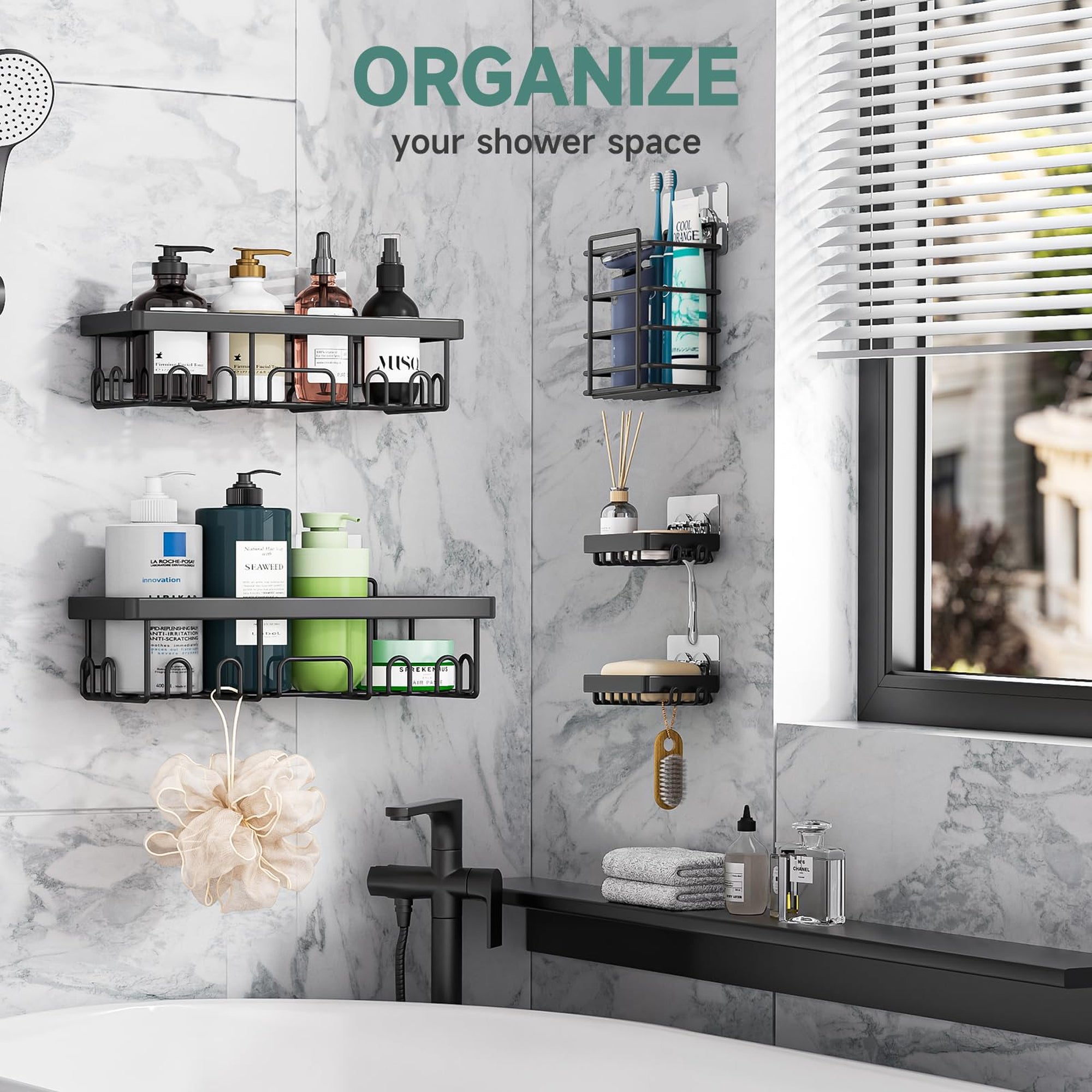 Veken 5-Piece Adhesive Shower Caddy Set, No-Drill Rust-Resistant Shower Shelves with Soap and Toothbrush Holders-zoom-13