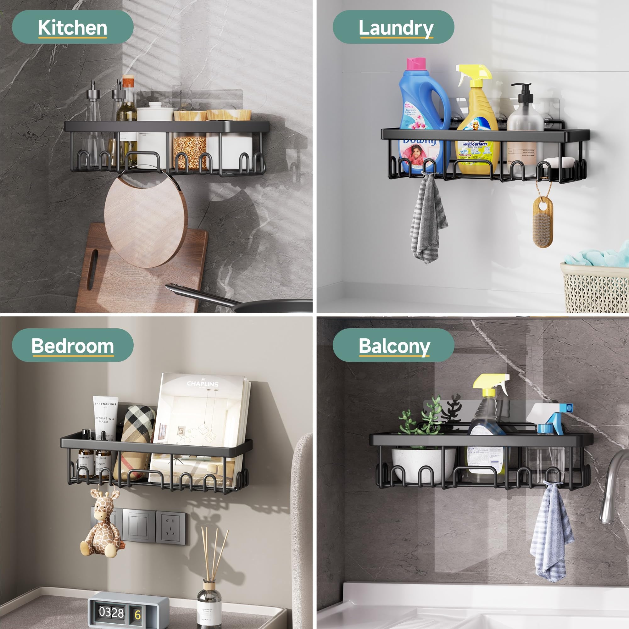 Veken Adhesive Shower Caddy Set, No-Drill Rust-Resistant Shower Shelves with Soap and Toothbrush Holders-zoom-7