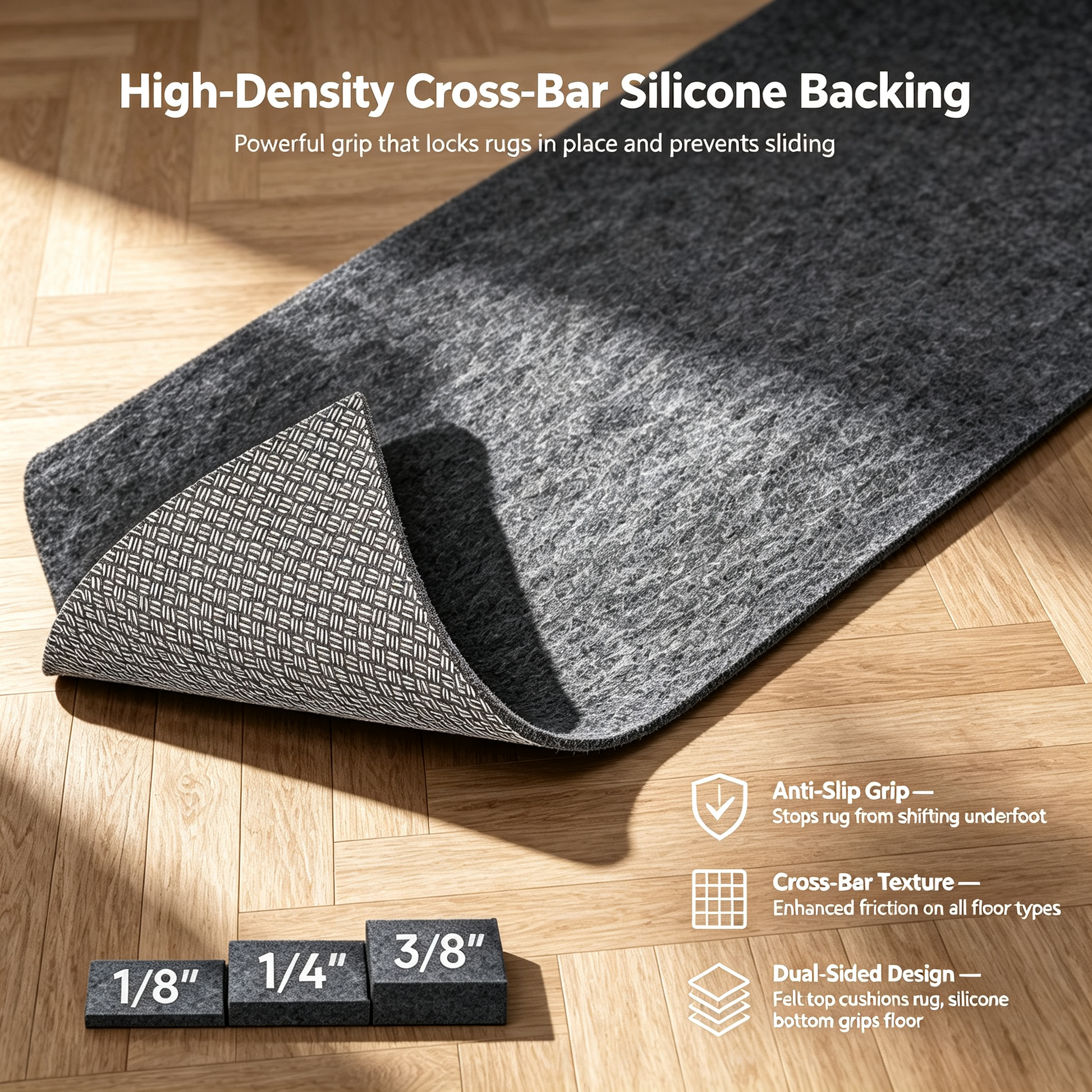 Veken Non Slip Cushioned Rug Pad Gripper, Felt and Silicone Backing,  Thick Carpet Liner Protector Mat for Area Rugs and Hardwood Floors, with Over 99 Pcs Anti-Slip Strips Pattern-1