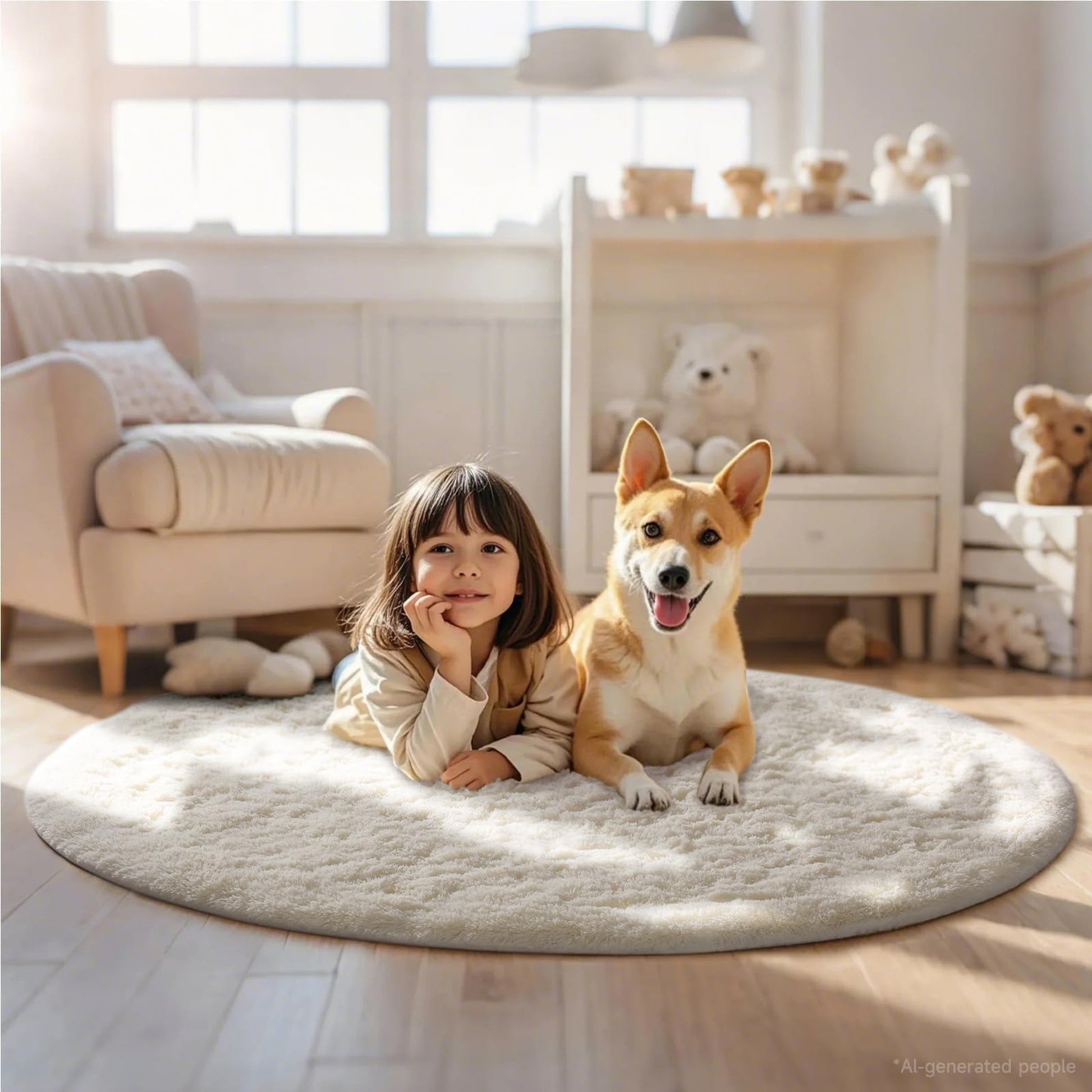 Ophanie 4ft Round Area Rug Plush Shag Circular Bedroom Nursery Rug Ivory Soft Fluffy Carpet-5