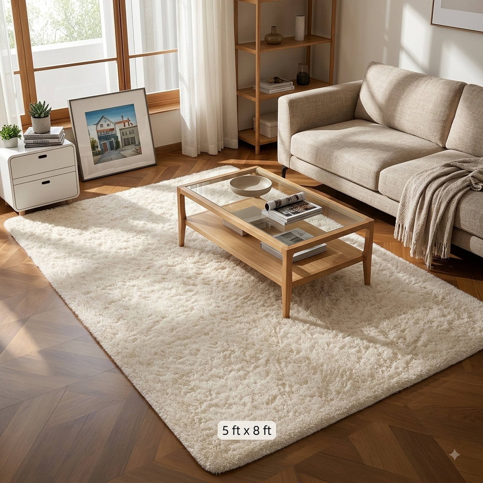 Ophanie 5x8 Area Rug Non Slip Plush Shag Bedroom Living Room Carpet Ivory Soft Fluffy Floor Rug-zoom-3