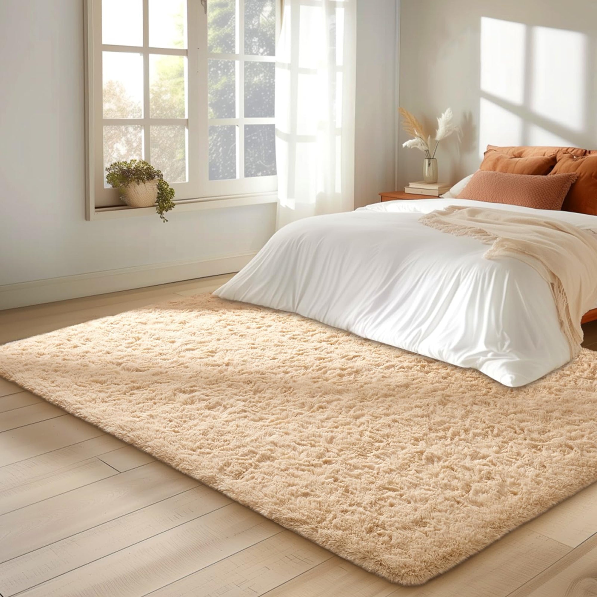Ophanie Light Camel Fluffy Rug 4x6, Shag Area Rug for Bedroom Living Room, Soft Fuzzy Carpet for Kids Nursery, Teen Dorm Bedside Mat-zoom-2