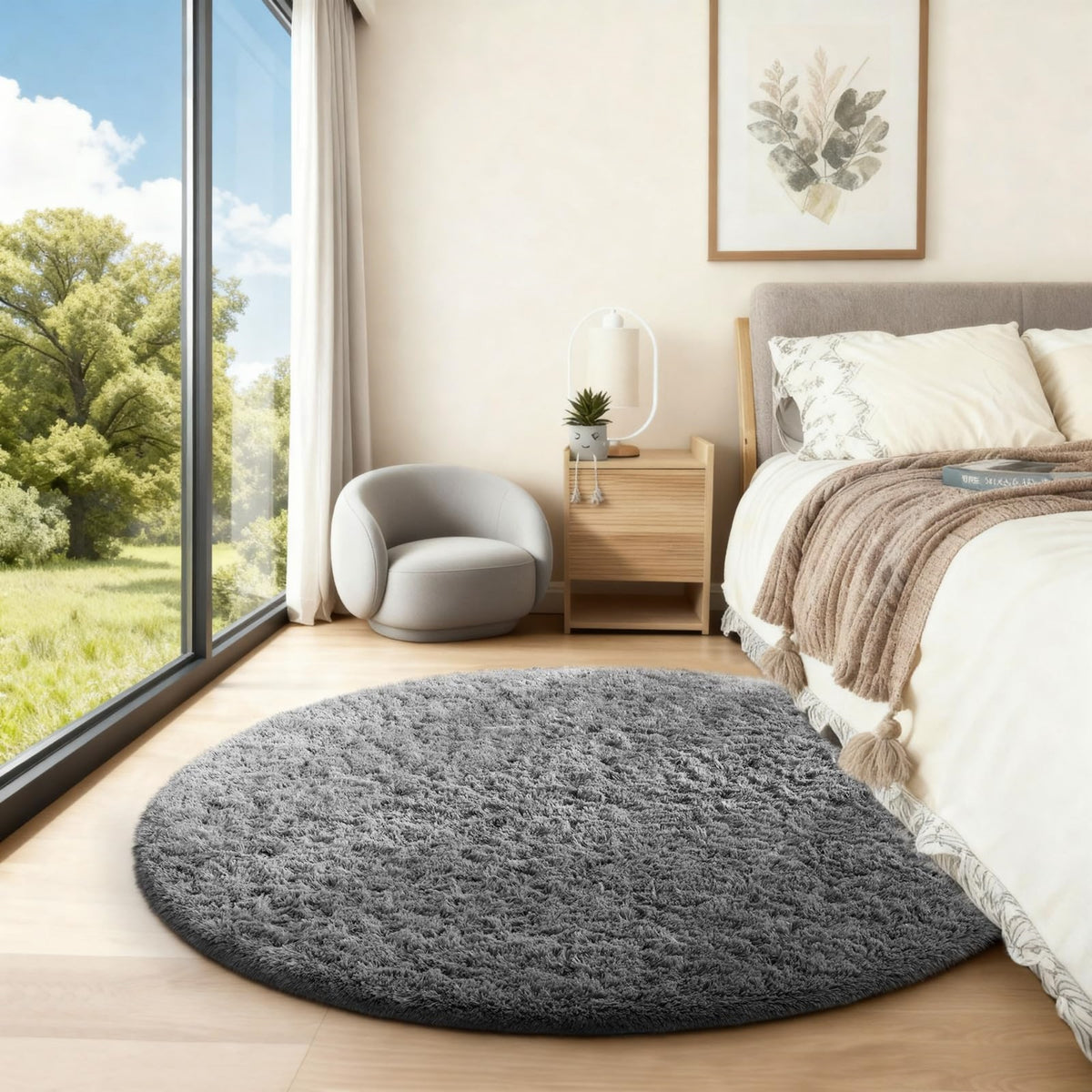 Ophanie 4ft Round Area Rug Plush Shag Circular Bedroom Nursery Rug Grey Soft Fluffy Carpet-4