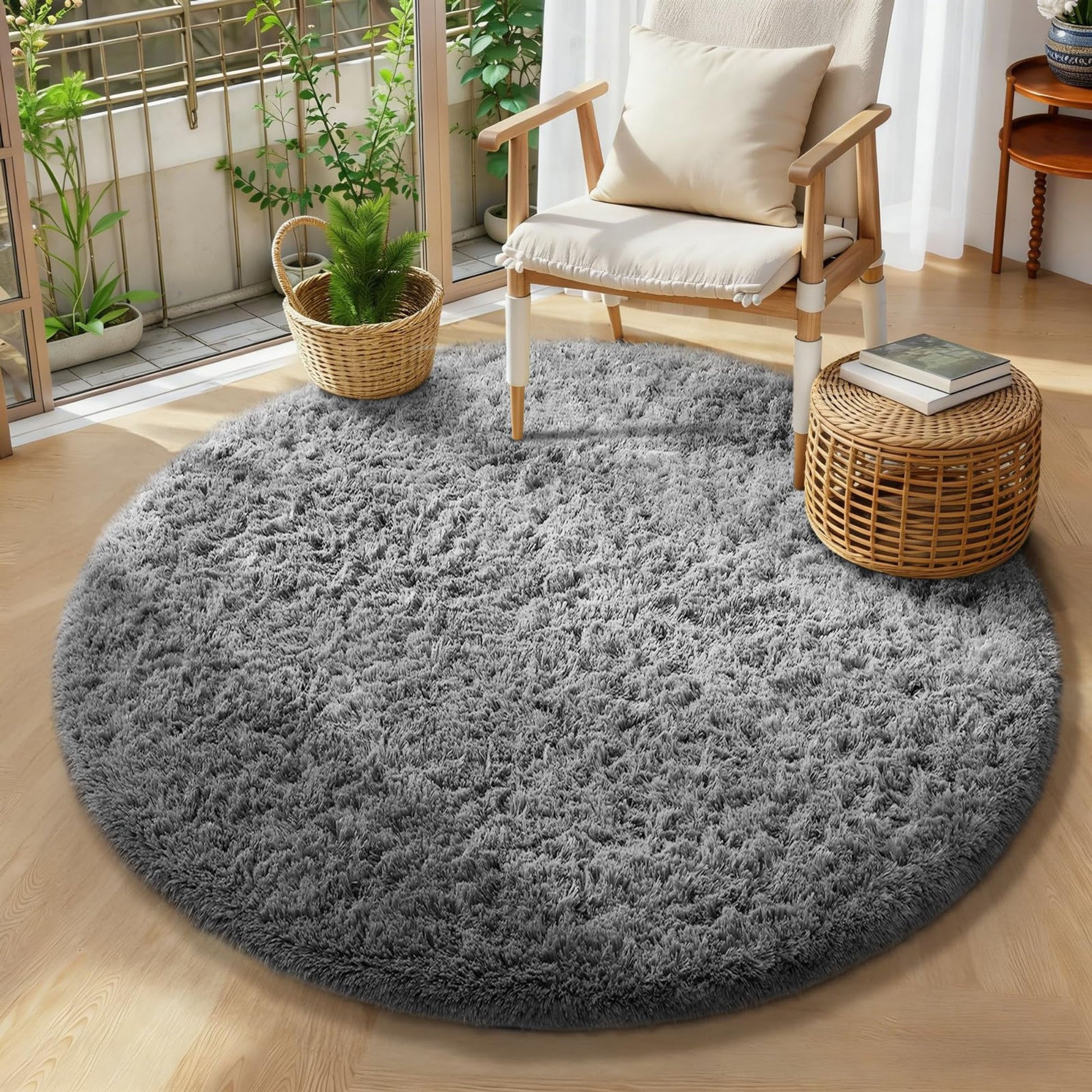 Ophanie 4ft Round Area Rug Plush Shag Circular Bedroom Nursery Rug Grey Soft Fluffy Carpet-3