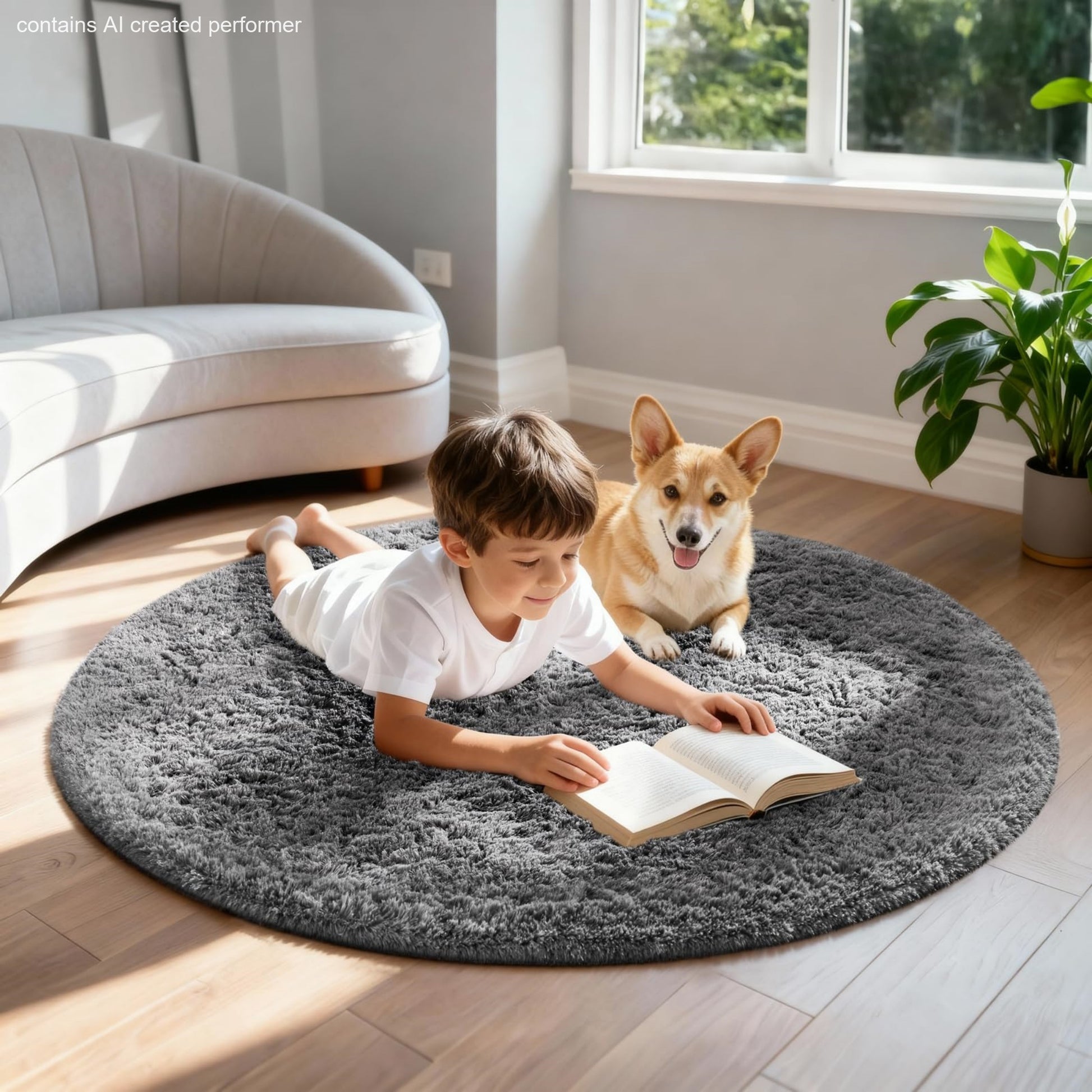 Ophanie 4ft Round Area Rug Plush Shag Circular Bedroom Nursery Rug Grey Soft Fluffy Carpet-1