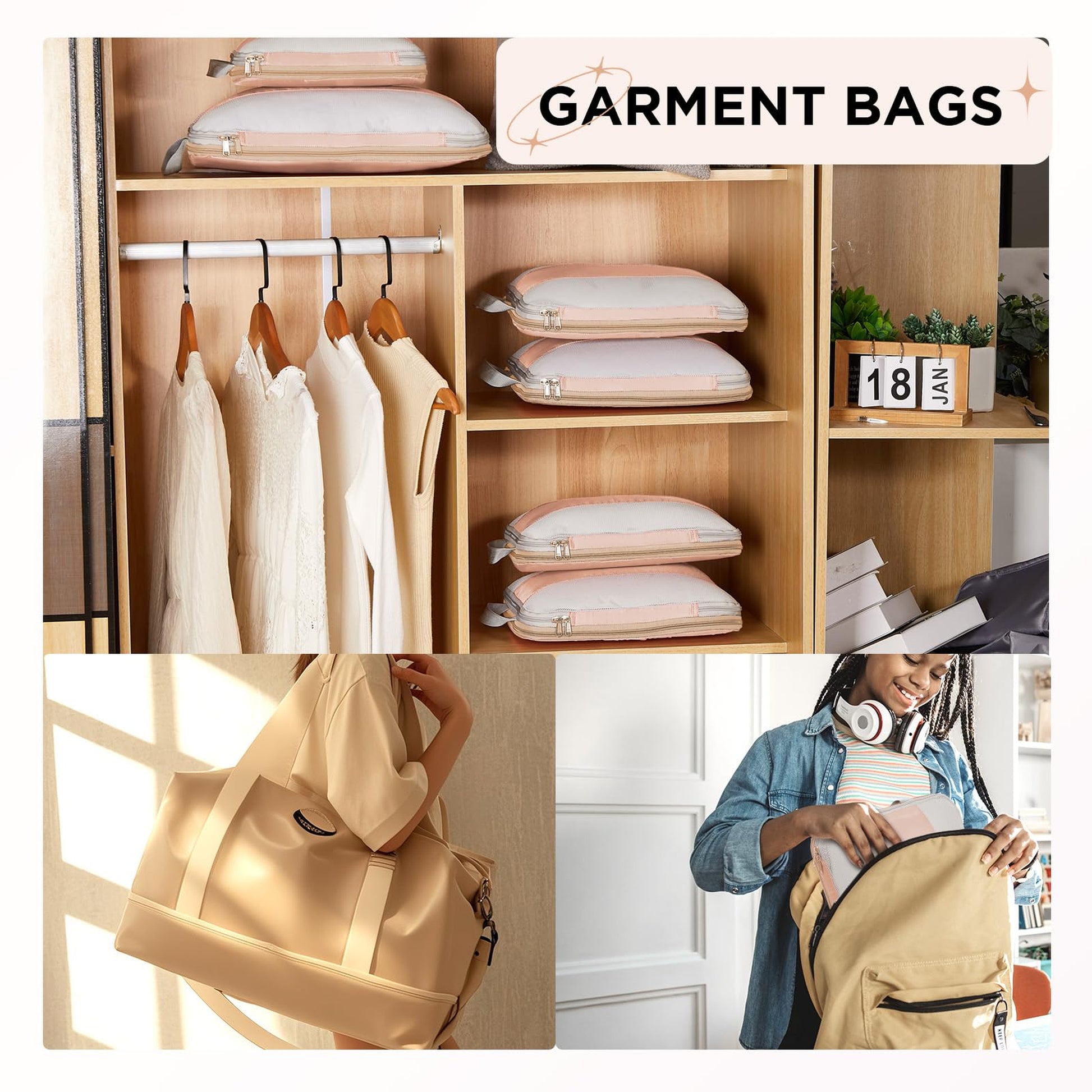 OlarHike Compression Packing Cubes with Garment Bags - Beige 10-Pack-9