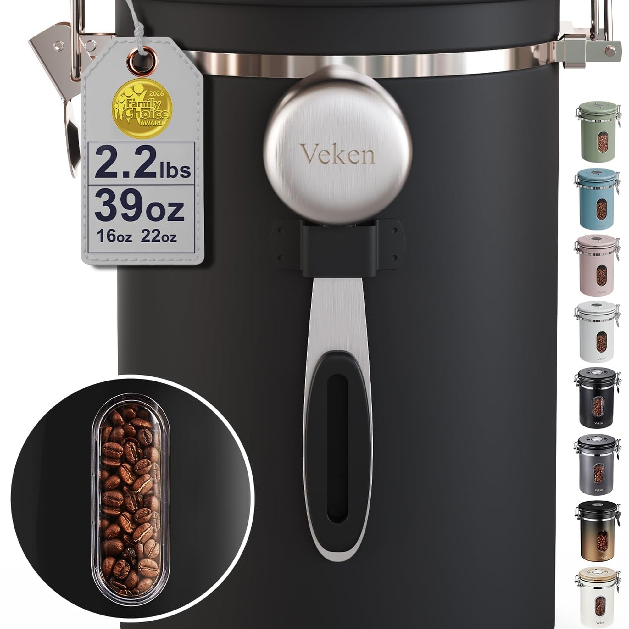 Veken Coffee Canister, Airtight Stainless Steel Kitchen Food Storage Container with Date Tracker and Scoop for Beans, Grounds, Tea, Flour, Cereal, Sugar-zoom-37