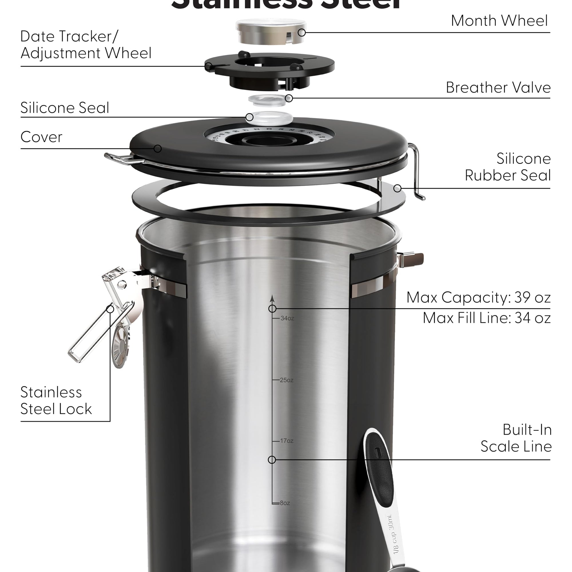 Veken Coffee Canister, Airtight Stainless Steel Kitchen Food Storage Container with Date Tracker and Scoop for Beans, Grounds, Tea, Flour, Cereal, Sugar-zoom-38