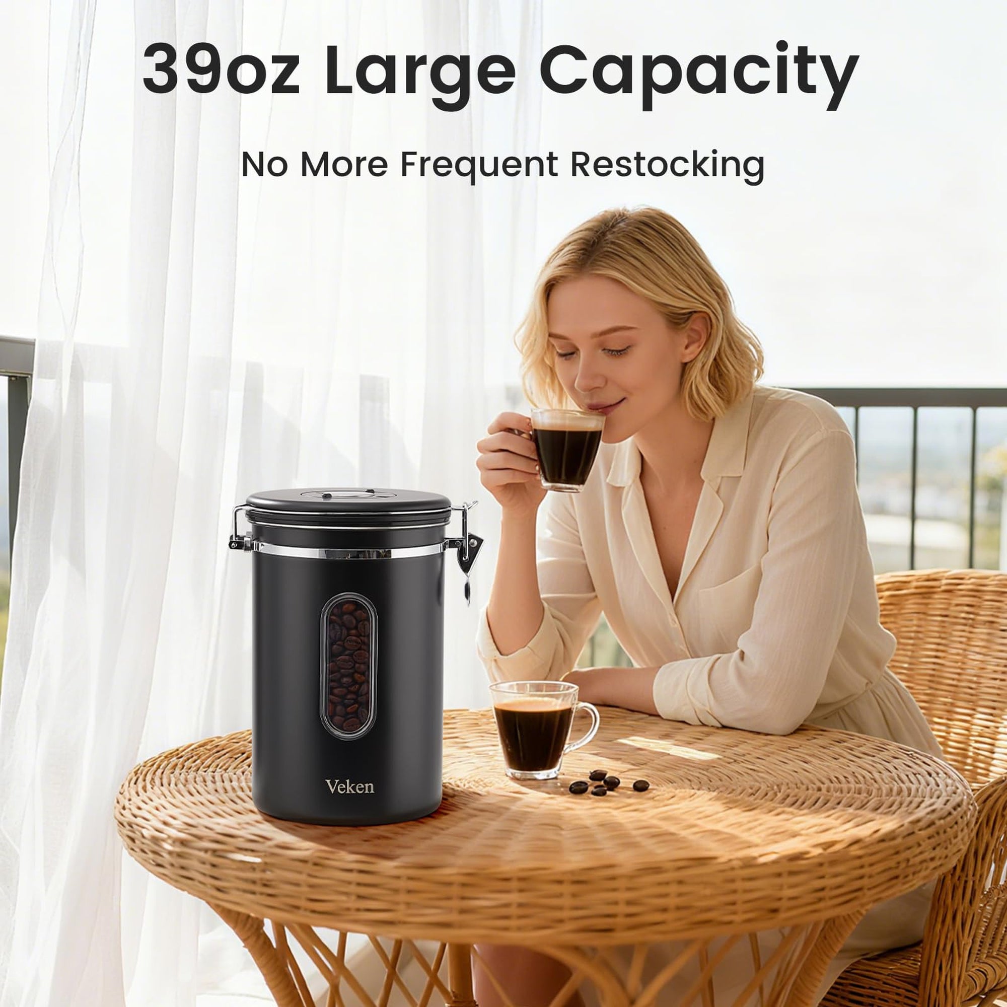 Veken Coffee Canister, Airtight Stainless Steel Kitchen Food Storage Container with Date Tracker and Scoop for Beans, Grounds, Tea, Flour, Cereal, Sugar-zoom-45