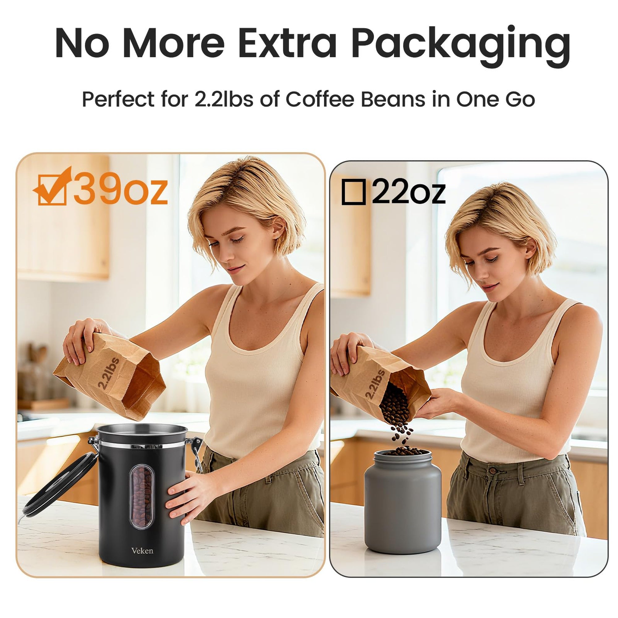 Veken Coffee Canister, Airtight Stainless Steel Kitchen Food Storage Container with Date Tracker and Scoop for Beans, Grounds, Tea, Flour, Cereal, Sugar-zoom-46