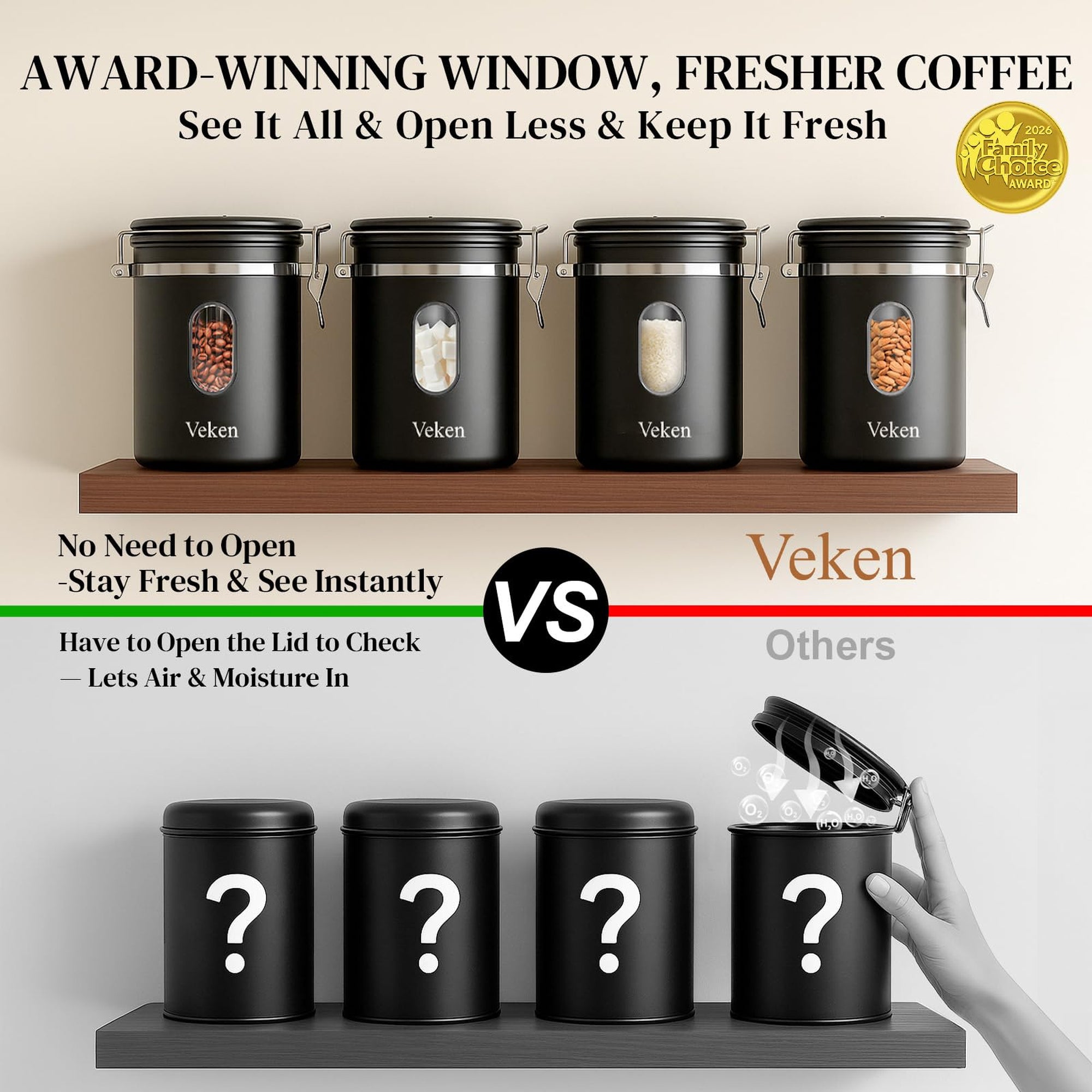 Veken Coffee Canister, Airtight Stainless Steel Kitchen Food Storage Container with Date Tracker and Scoop for Beans, Grounds, Tea, Flour, Cereal, Sugar-zoom-47