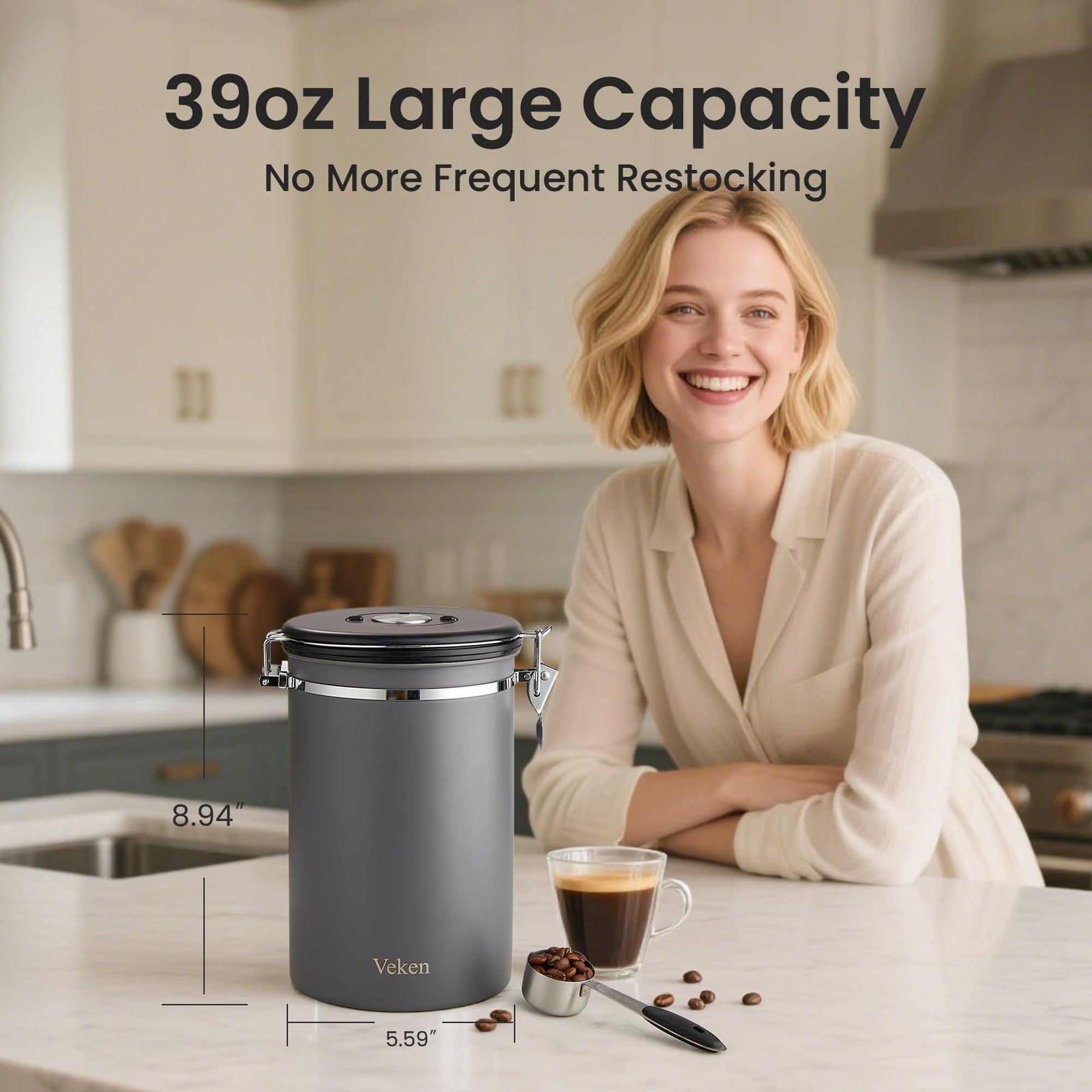 Veken Airtight Stainless Steel Coffee Canister – Food Storage Container with Date Tracker, Scoop-zoom-16