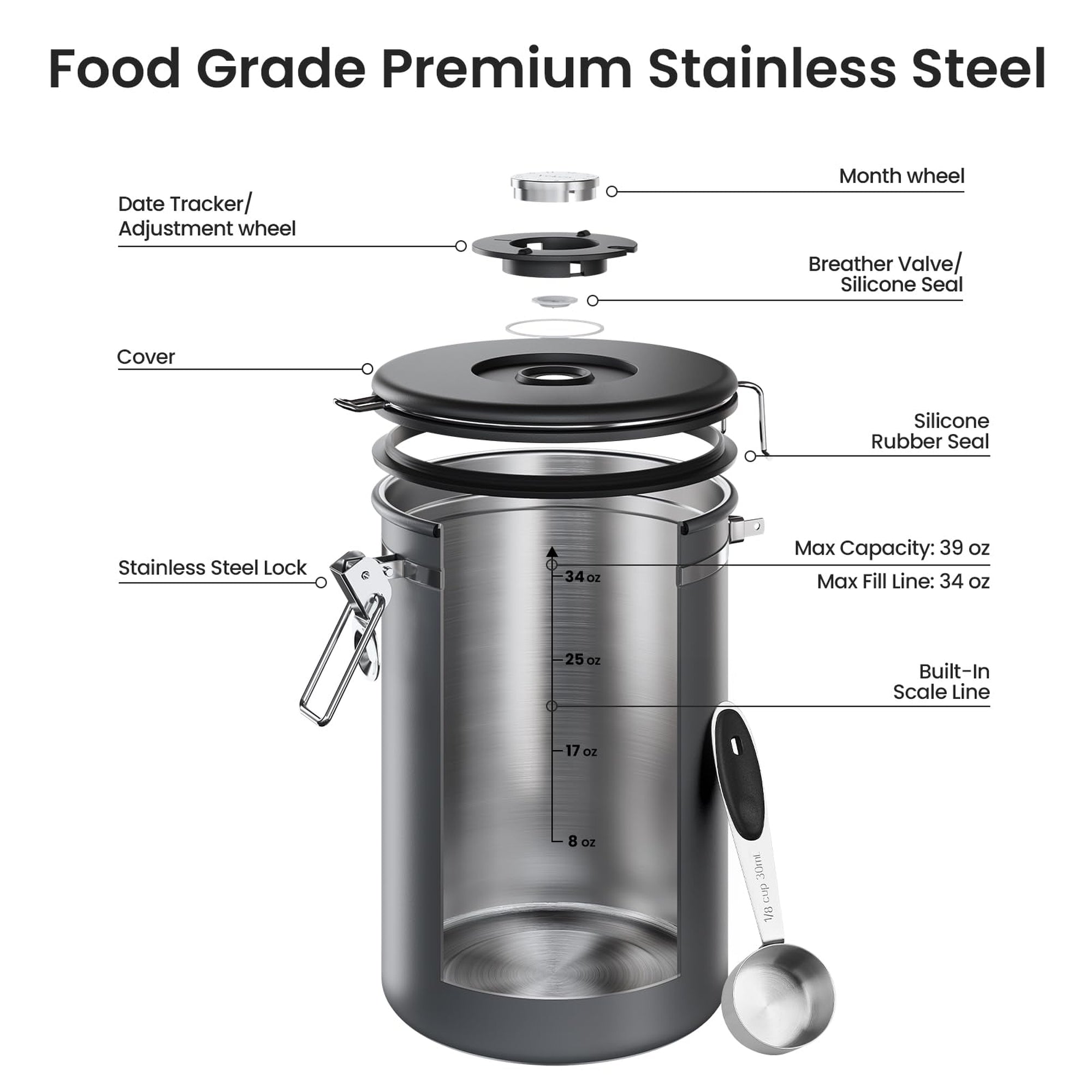 Veken Airtight Stainless Steel Coffee Canister – Food Storage Container with Date Tracker, Scoop-zoom-11