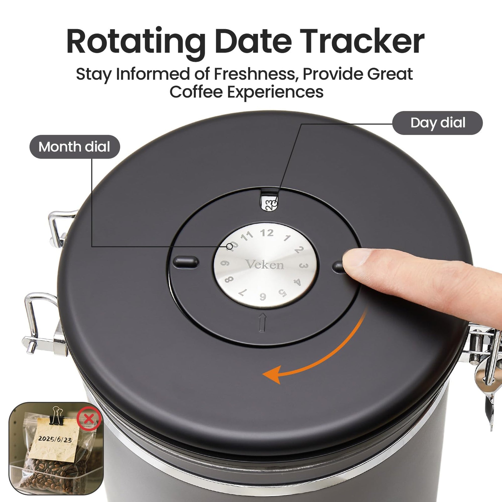 Veken Airtight Stainless Steel Coffee Canister – Food Storage Container with Date Tracker, Scoop-zoom-13