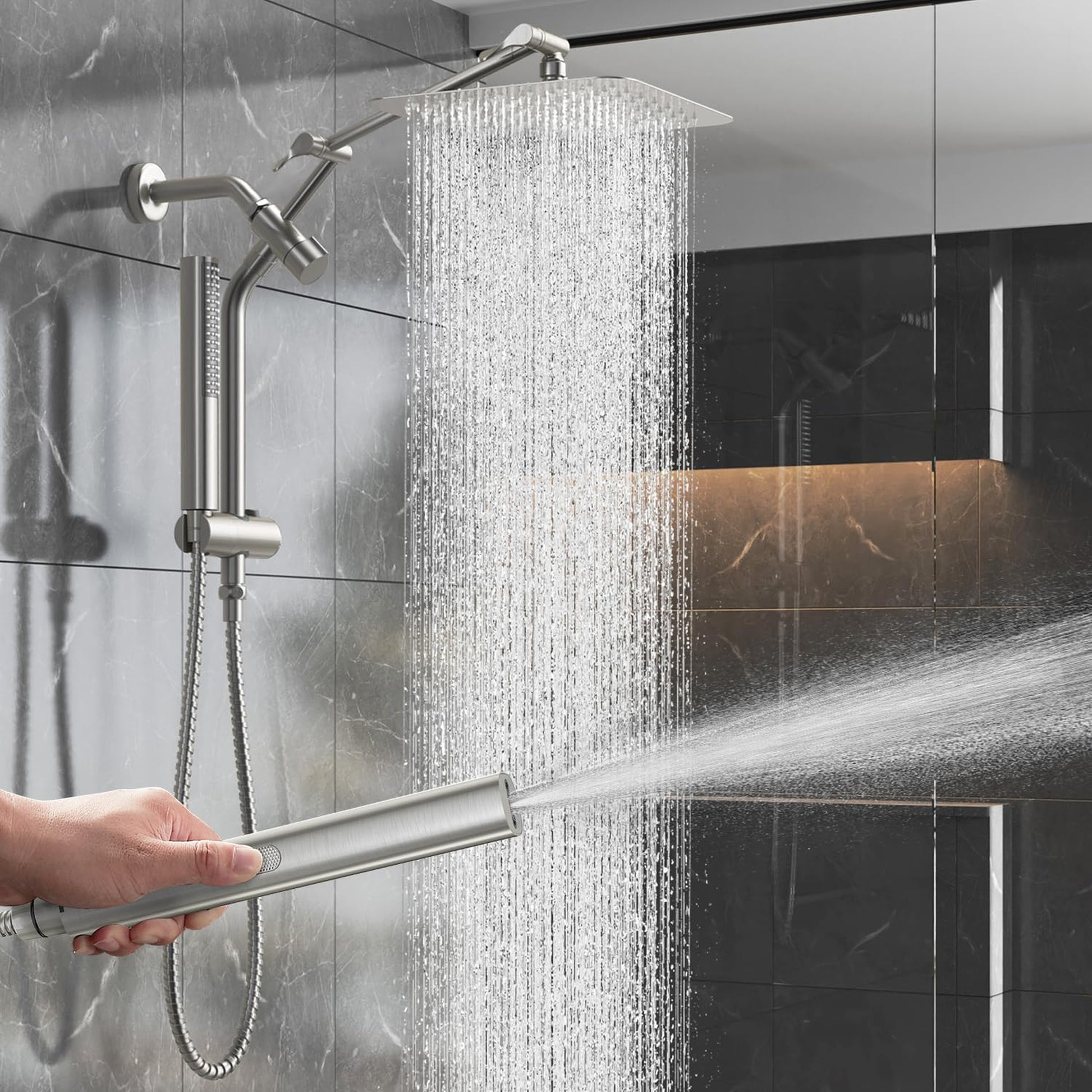 Veken Brushed Nickel Rain Shower Head 10 Inch, All Metal Square Dual Showerhead Combo with Handheld Spray, High Pressure Rainfall Extension Arm-4