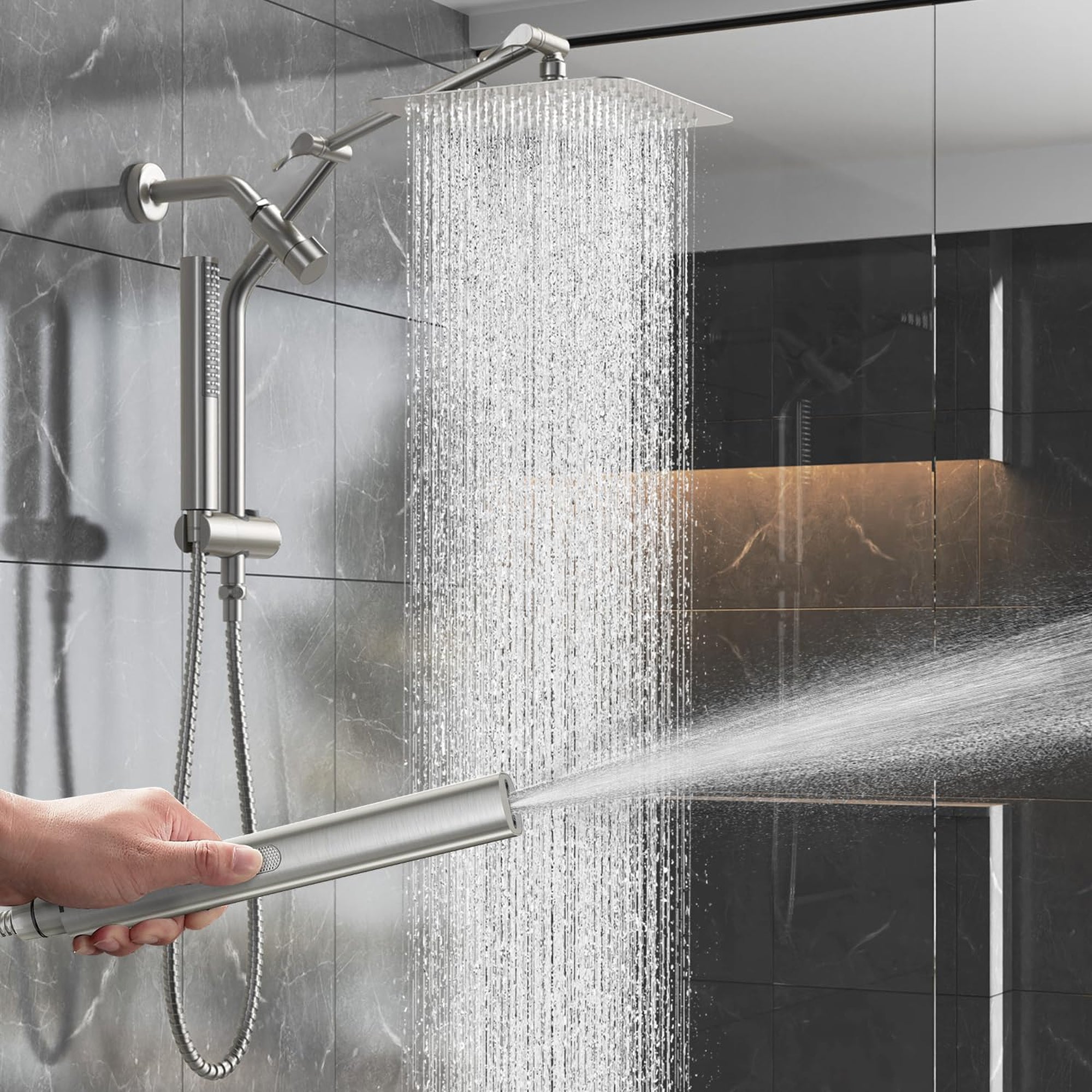 Veken Brushed Nickel Rain Shower Head 10 Inch, All Metal Square Dual Showerhead Combo with Handheld Spray, High Pressure Rainfall Extension Arm-zoom-4