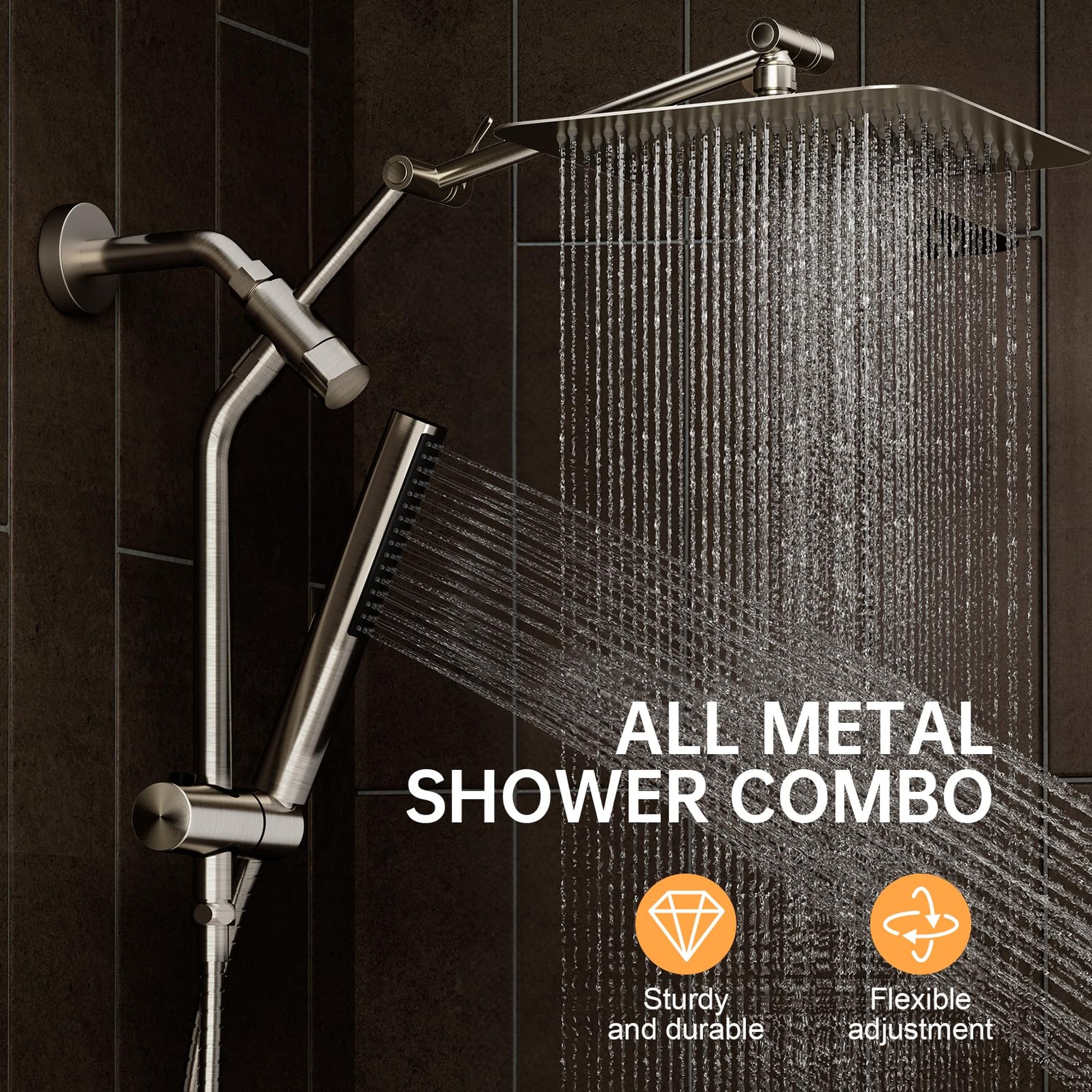 Veken Brushed Nickel Rain Shower Head 10 Inch, All Metal Square Dual Showerhead Combo with Handheld Spray, High Pressure Rainfall Extension Arm-zoom-1