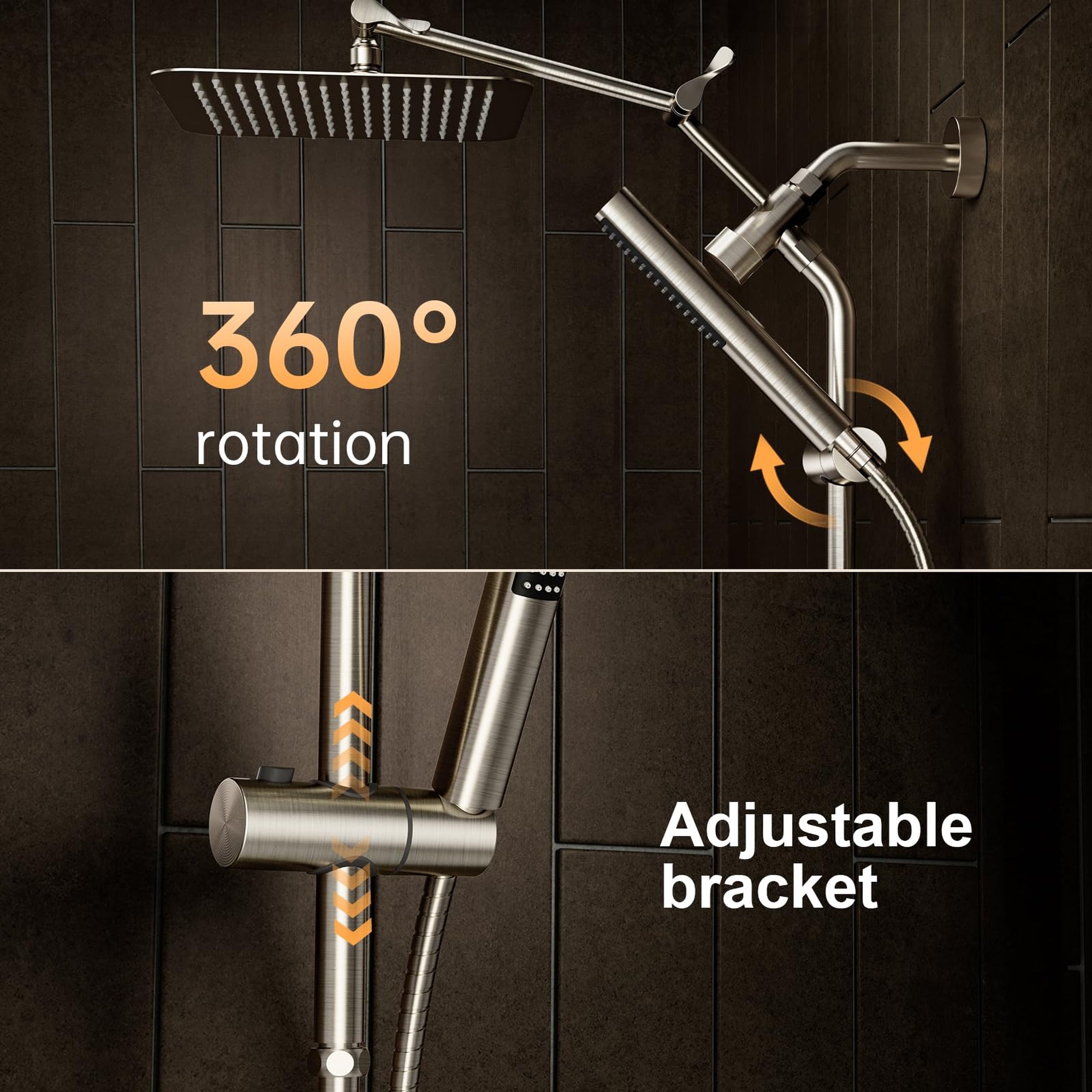 Veken Brushed Nickel Rain Shower Head 10 Inch, All Metal Square Dual Showerhead Combo with Handheld Spray, High Pressure Rainfall Extension Arm