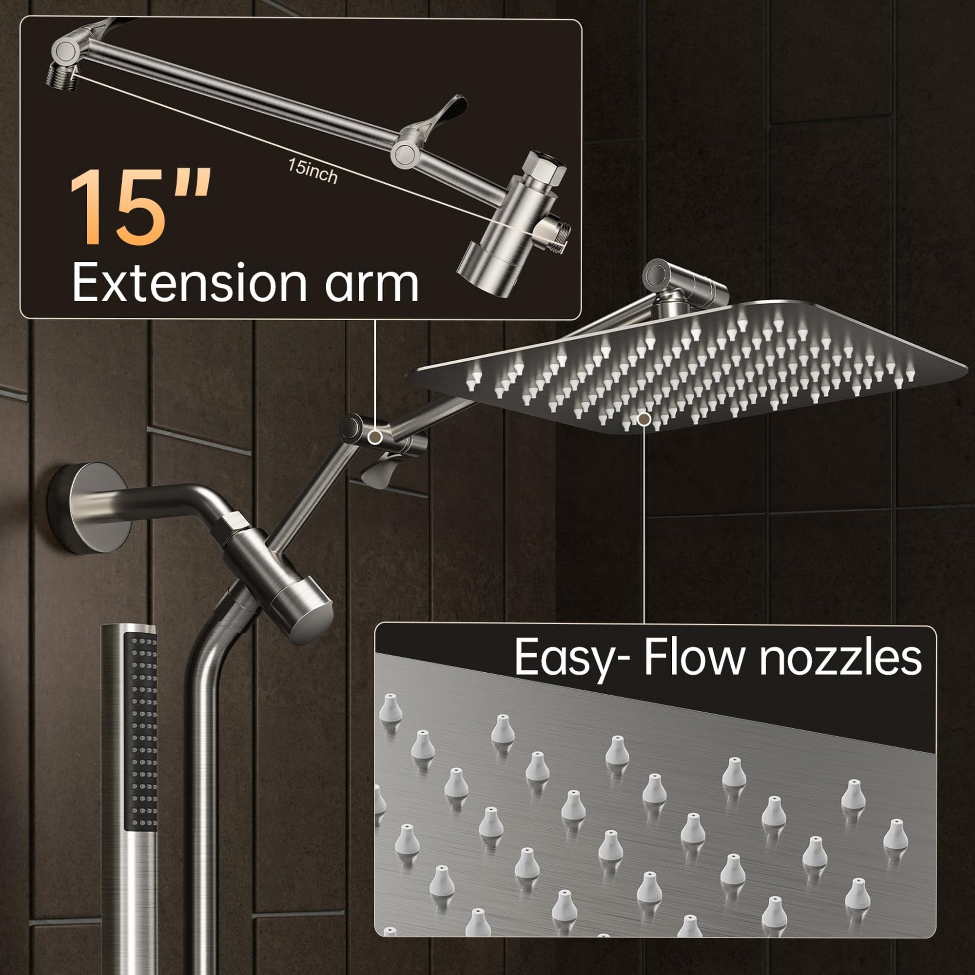 Veken Brushed Nickel Rain Shower Head 10 Inch, All Metal Square Dual Showerhead Combo with Handheld Spray, High Pressure Rainfall Extension Arm-zoom-3
