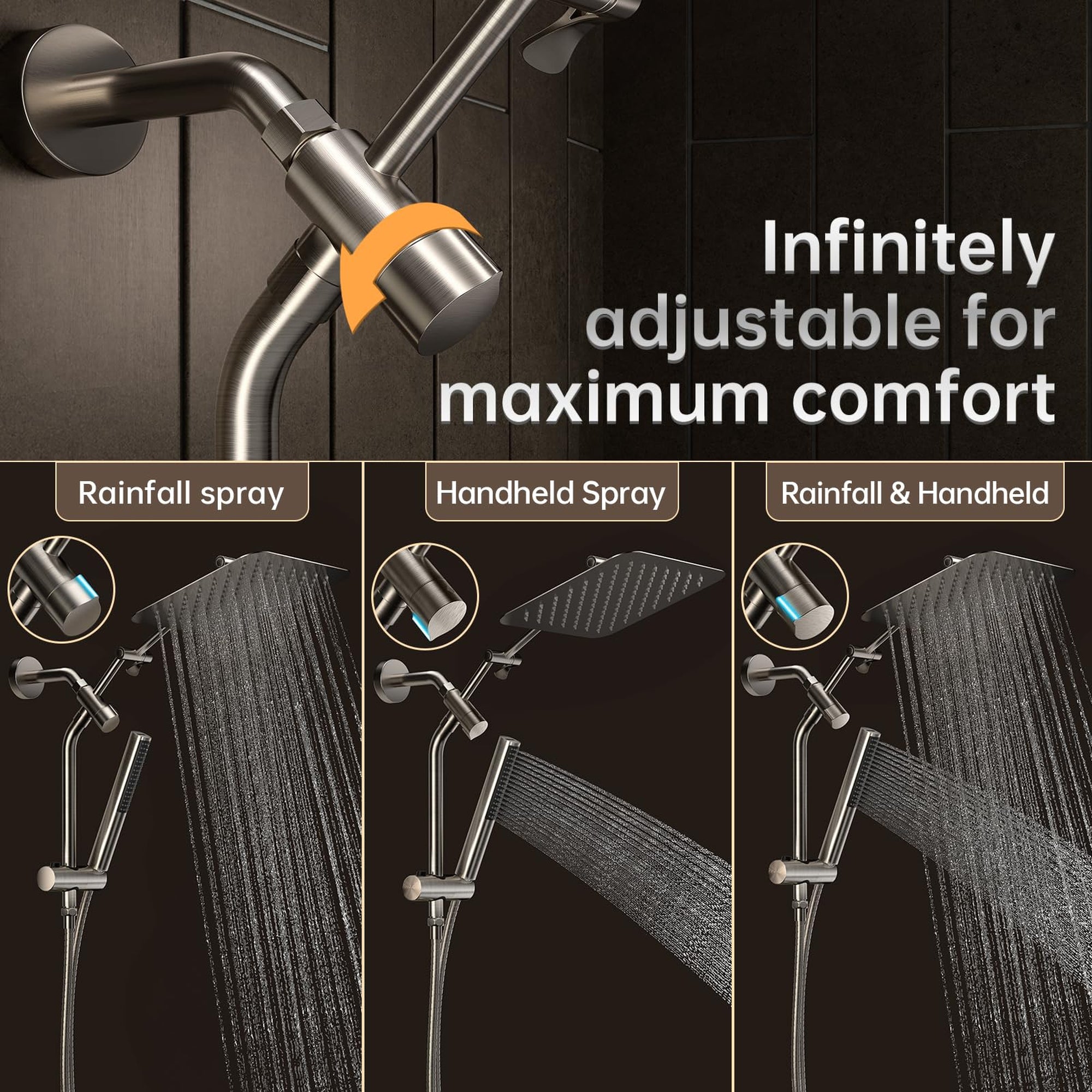 Veken Brushed Nickel Rain Shower Head 10 Inch, All Metal Square Dual Showerhead Combo with Handheld Spray, High Pressure Rainfall Extension Arm-zoom-6