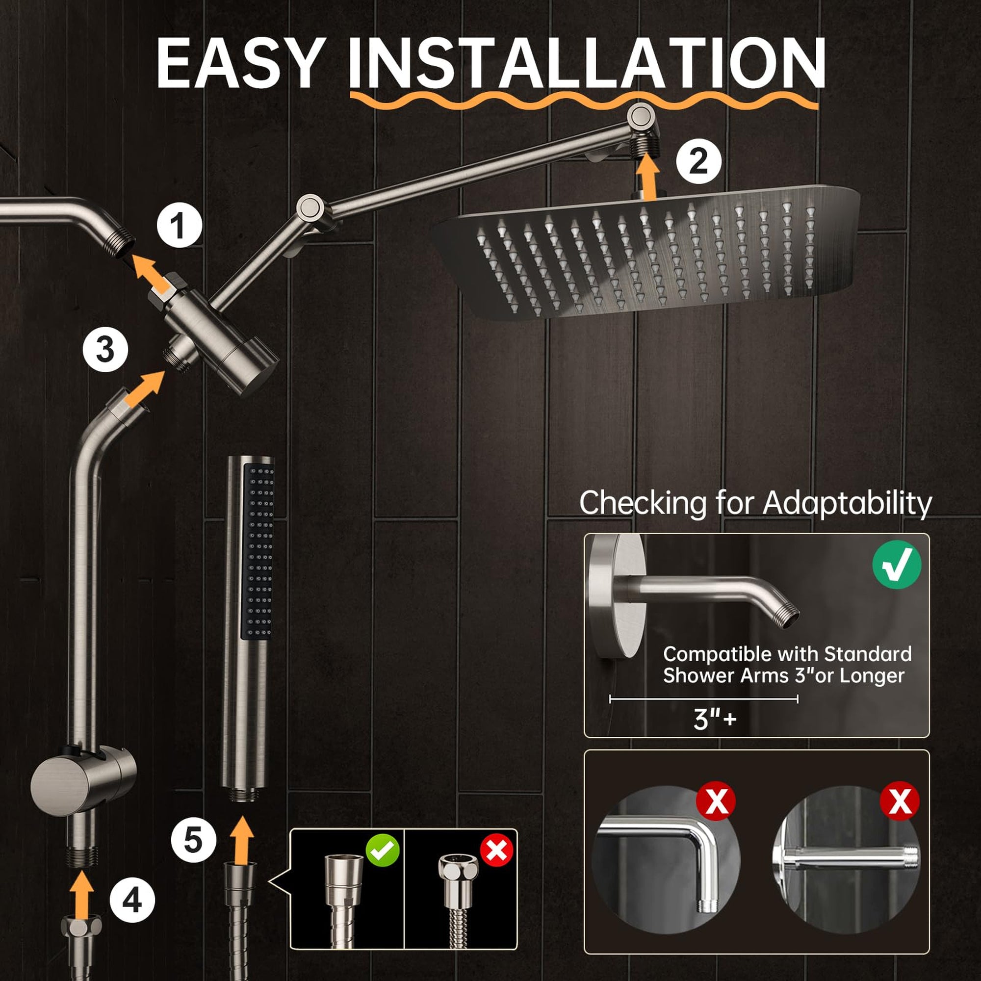 Veken Brushed Nickel Rain Shower Head 10 Inch, All Metal Square Dual Showerhead Combo with Handheld Spray, High Pressure Rainfall Extension Arm-zoom-7