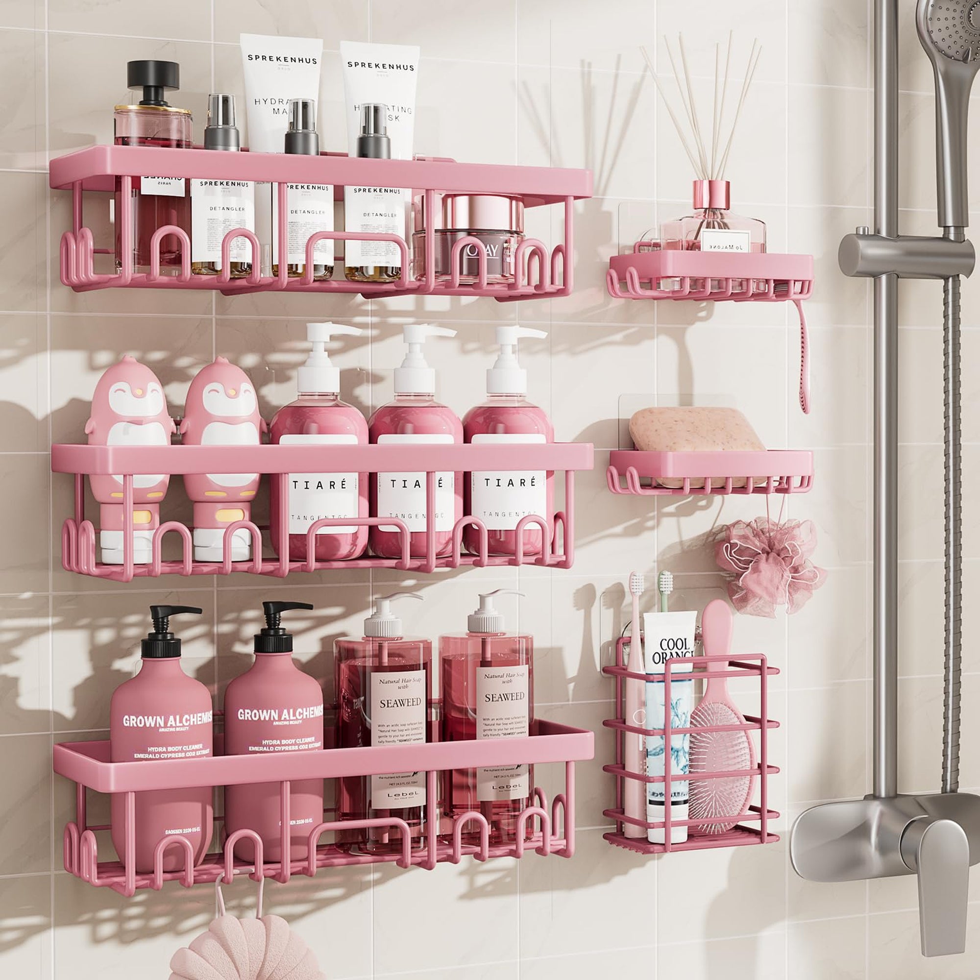Veken 6-Pack Adhesive Shower Caddy, No Drilling, Rustproof, Wall-Mounted Bathroom Organizer with Soap Holder - Pink-zoom-1
