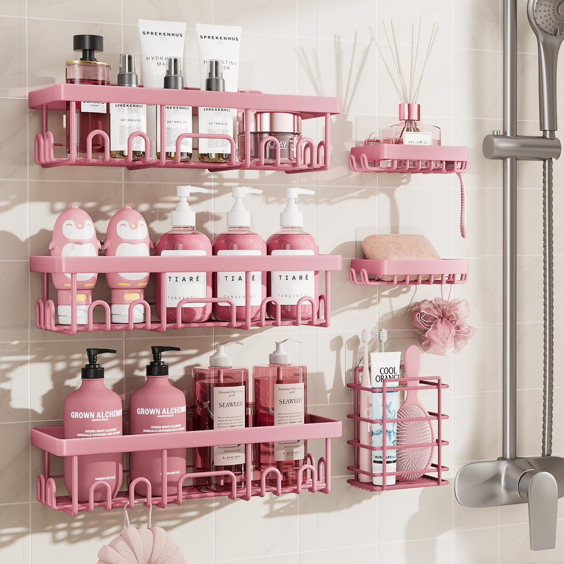 Veken 6-Pack Adhesive Shower Caddy, No Drilling, Rustproof, Wall-Mounted Bathroom Organizer with Soap Holder - Pink